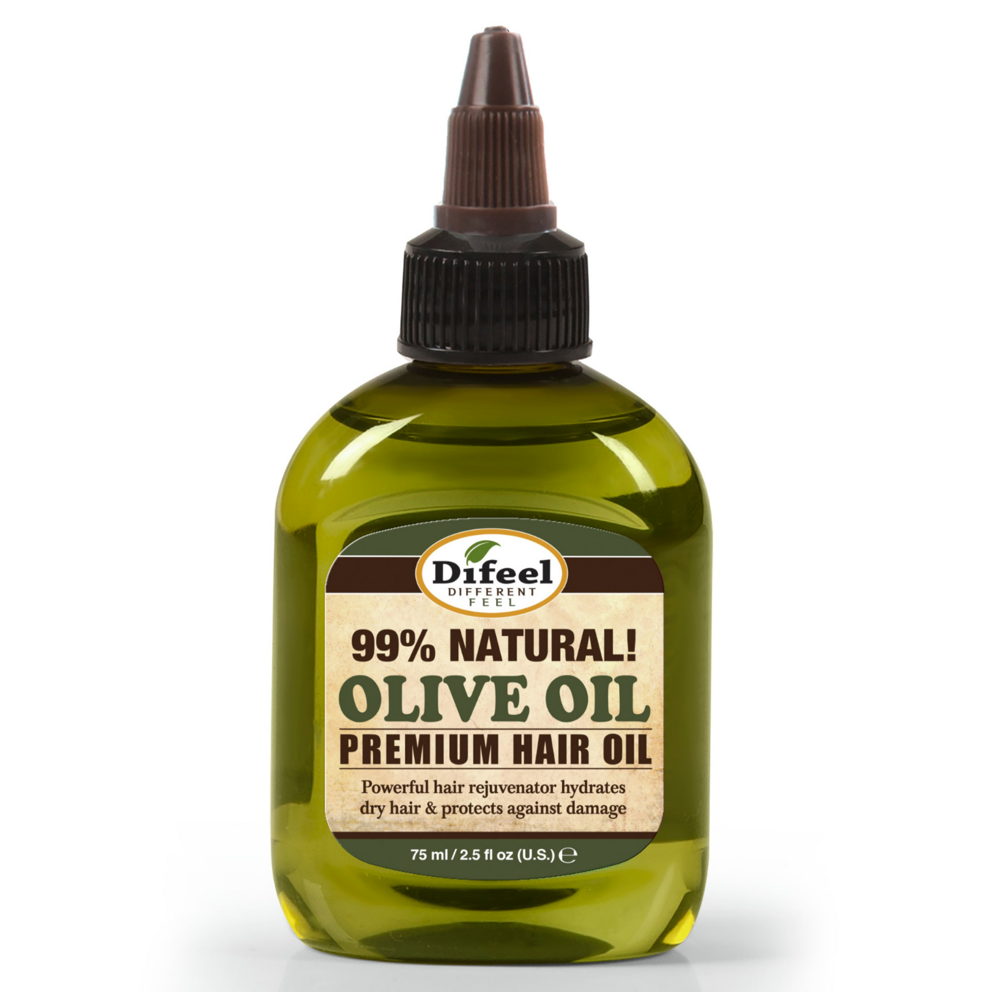 Bottle of Difeel Olive Oil Premium Hair Oil on a white background