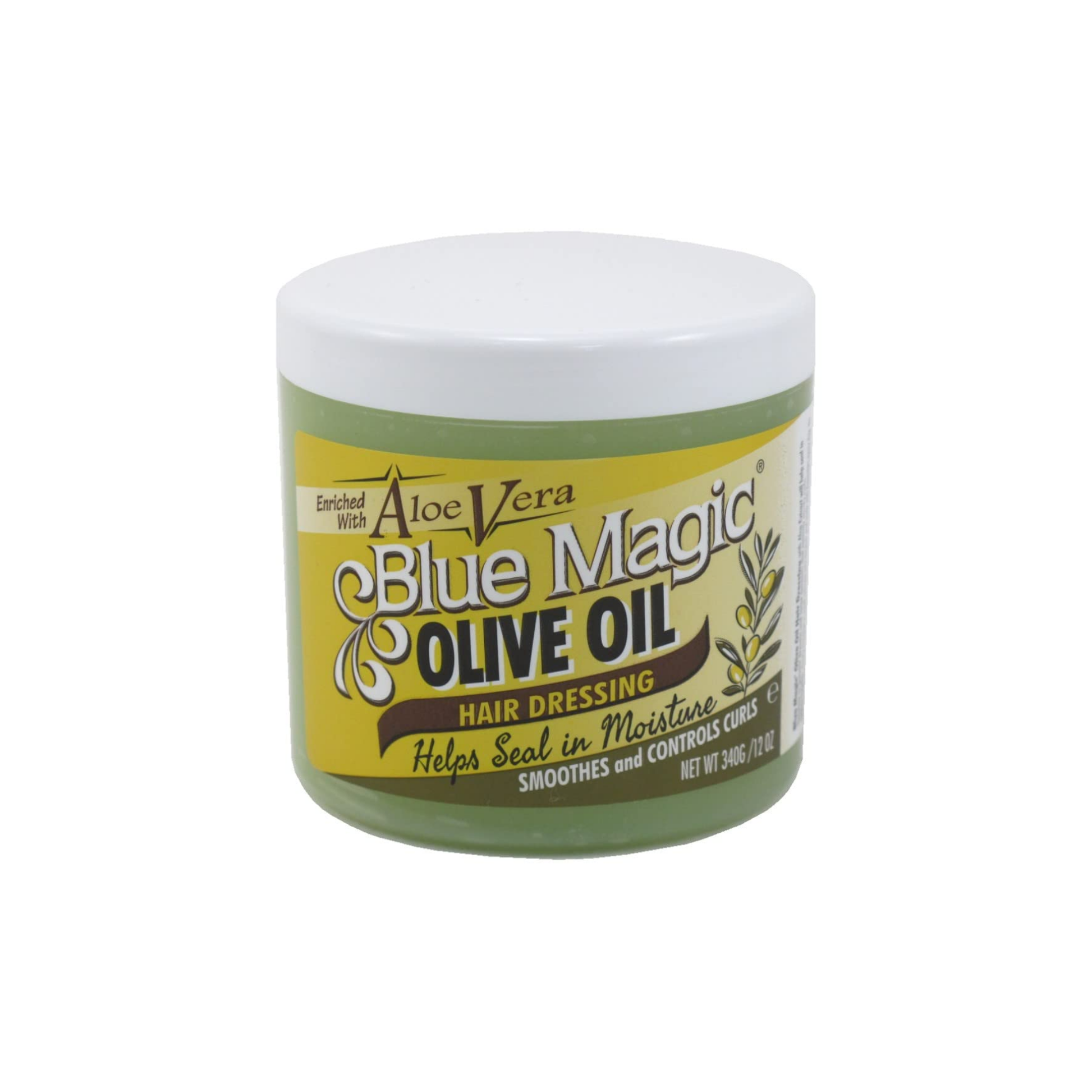 Jar of Blue Magic Olive Oil Hair Dressing with Aloe Vera 12 oz on a white background