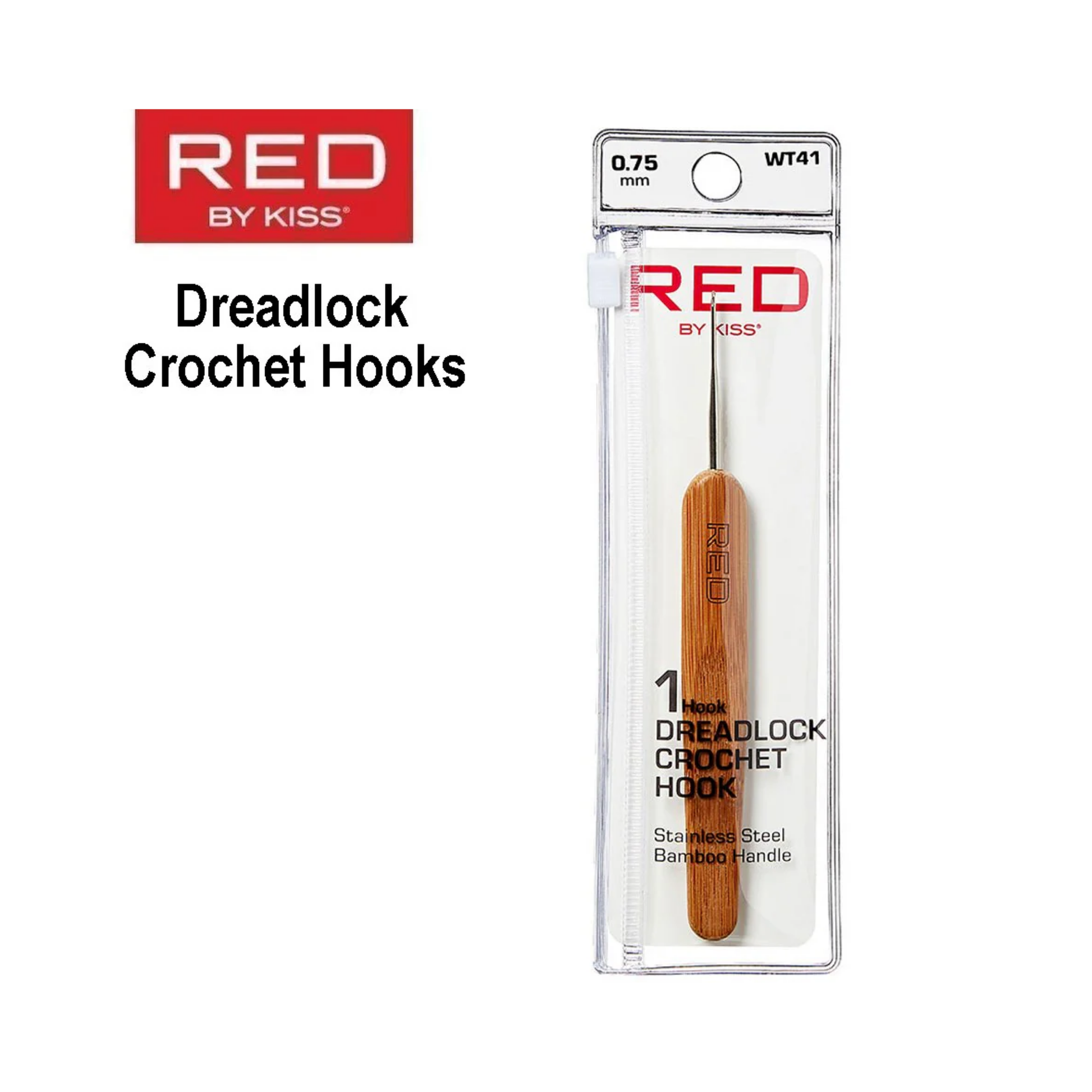 RED by Kiss dreadlock crochet hook, single stainless steel 0.75 mm with bamboo handle.