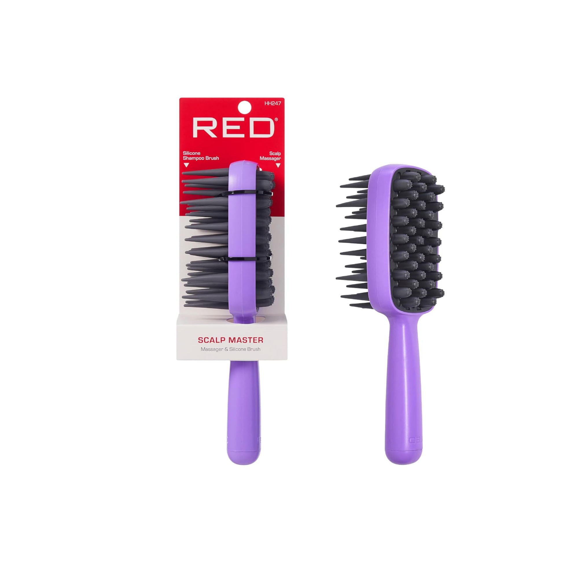 Purple silicone scalp massager and shampoo detangling brush with cushioned head and easy-grip handle.