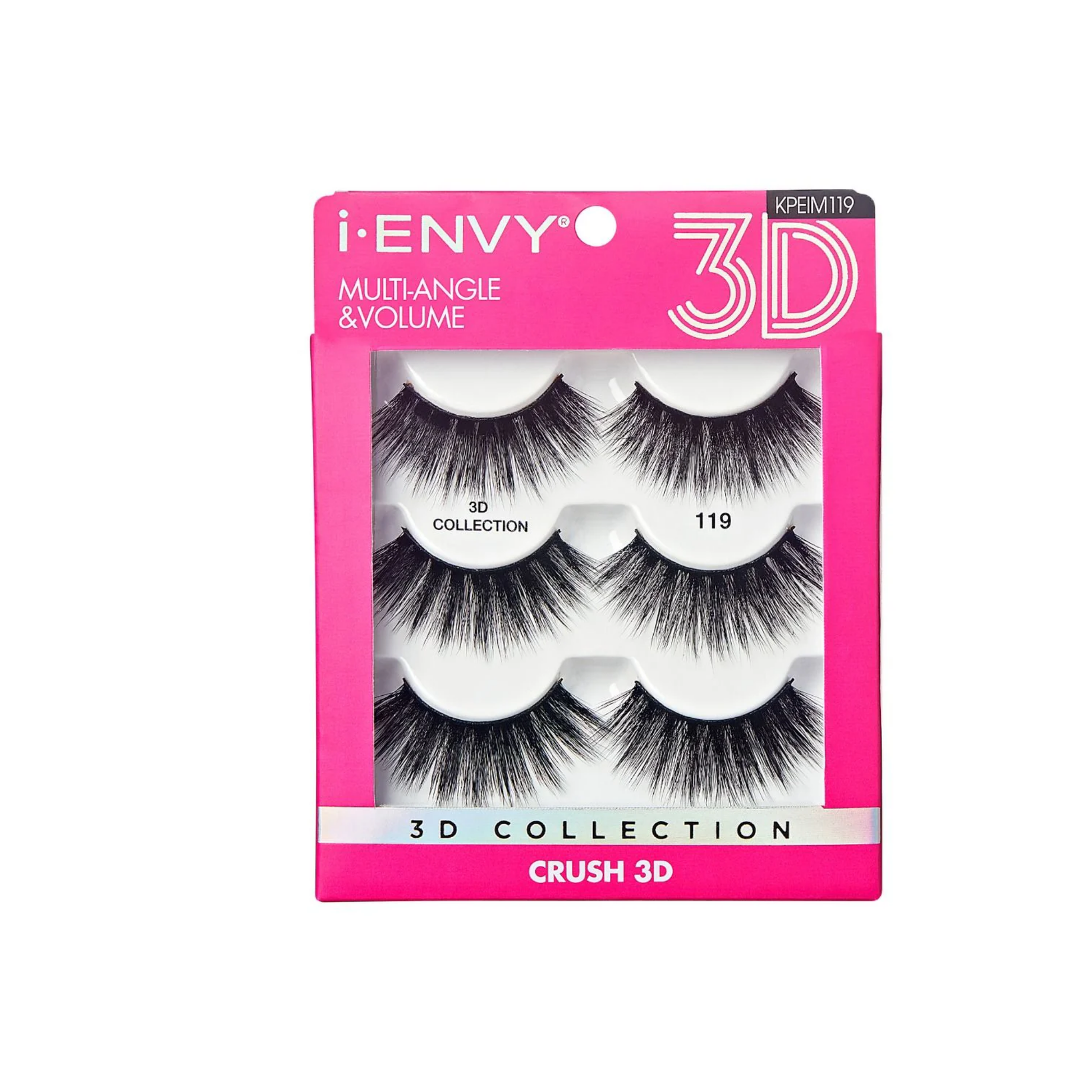  3D Crush multi-angle volume false eyelash trio, style 119 — wispy, dimensional lashes in pink packaging (3 pairs).