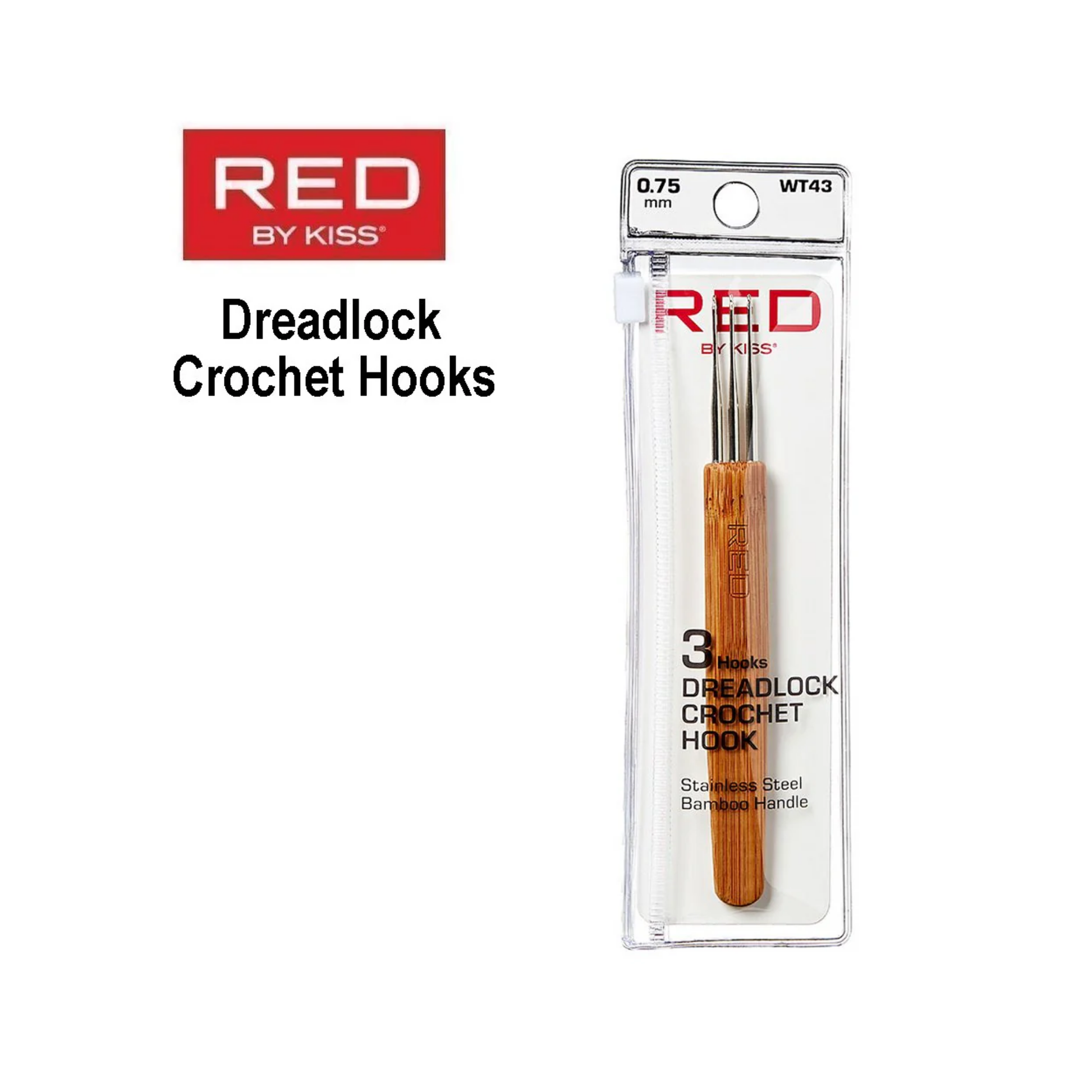RED by Kiss dreadlock crochet hook, triple stainless steel 0.75 mm with bamboo handle.