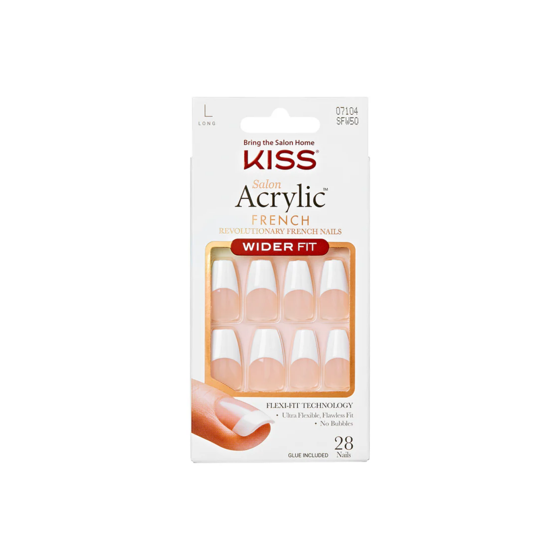 Wider fit French acrylic press on nails code SFW50 long nude base white tips 28 nails