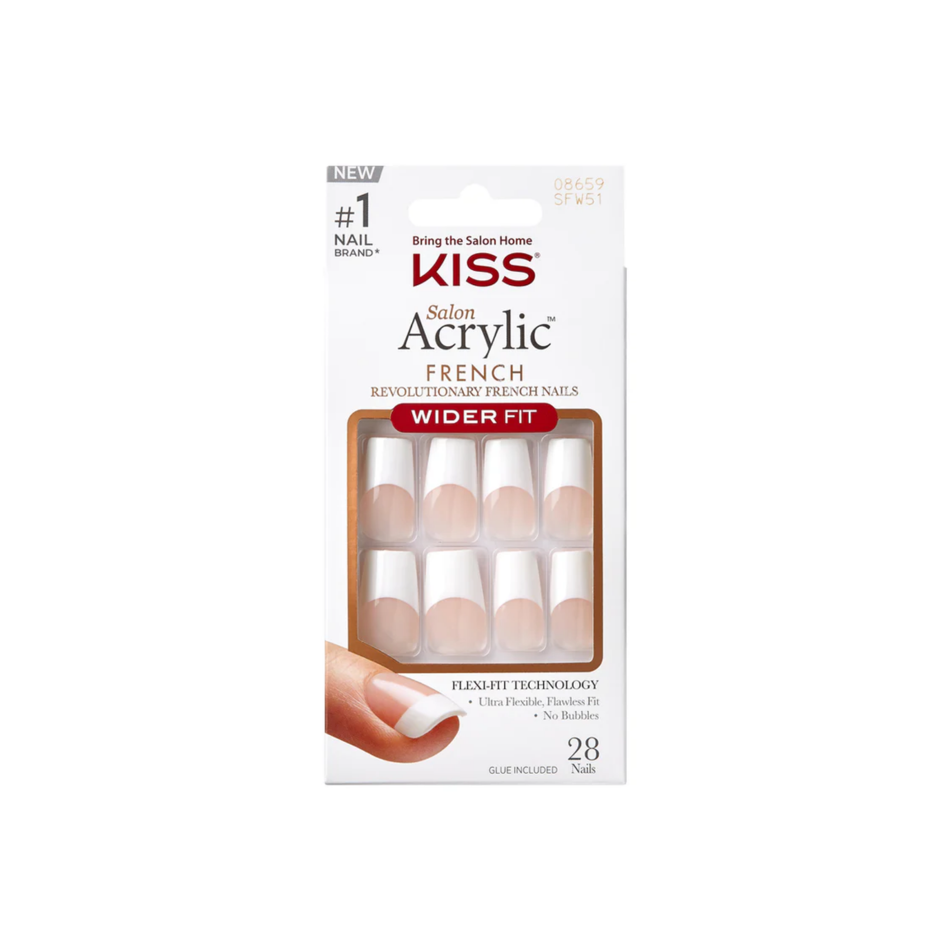 Wider fit French acrylic press on nails code SFW51 long french tips 28 nails