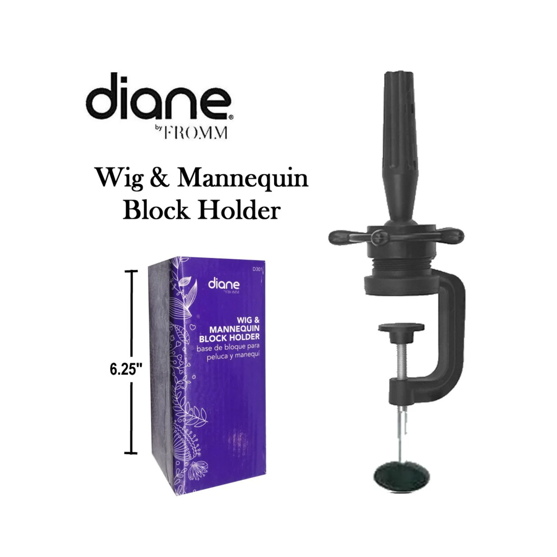  Adjustable wig & mannequin block holder clamp (D301) with screw mount, fits surfaces up to 2 inches, tilting/rotating tapered post for 360° styling.