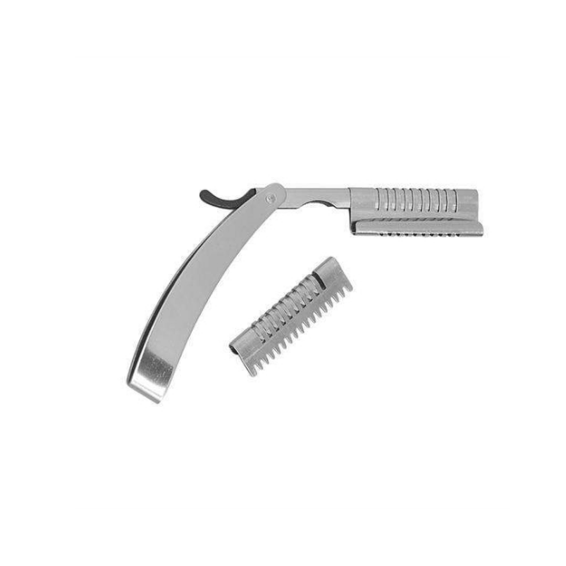Annie stainless steel hair shaper with two detachable guide combs for shaping, trimming, and texturizing all hair types.