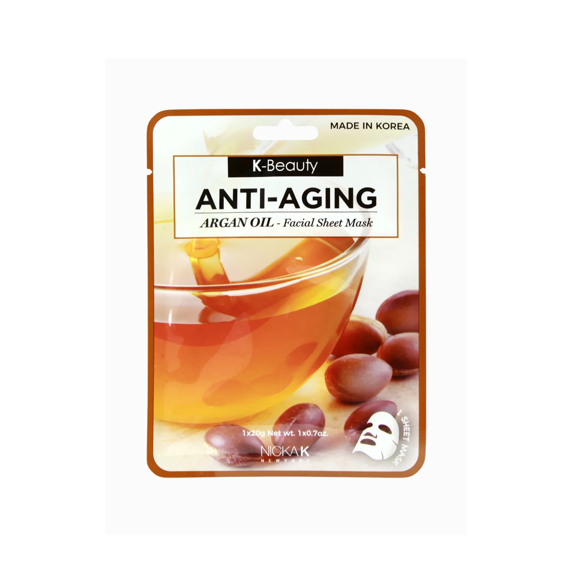 An anti-aging facial sheet mask infused with argan oil and botanicals .