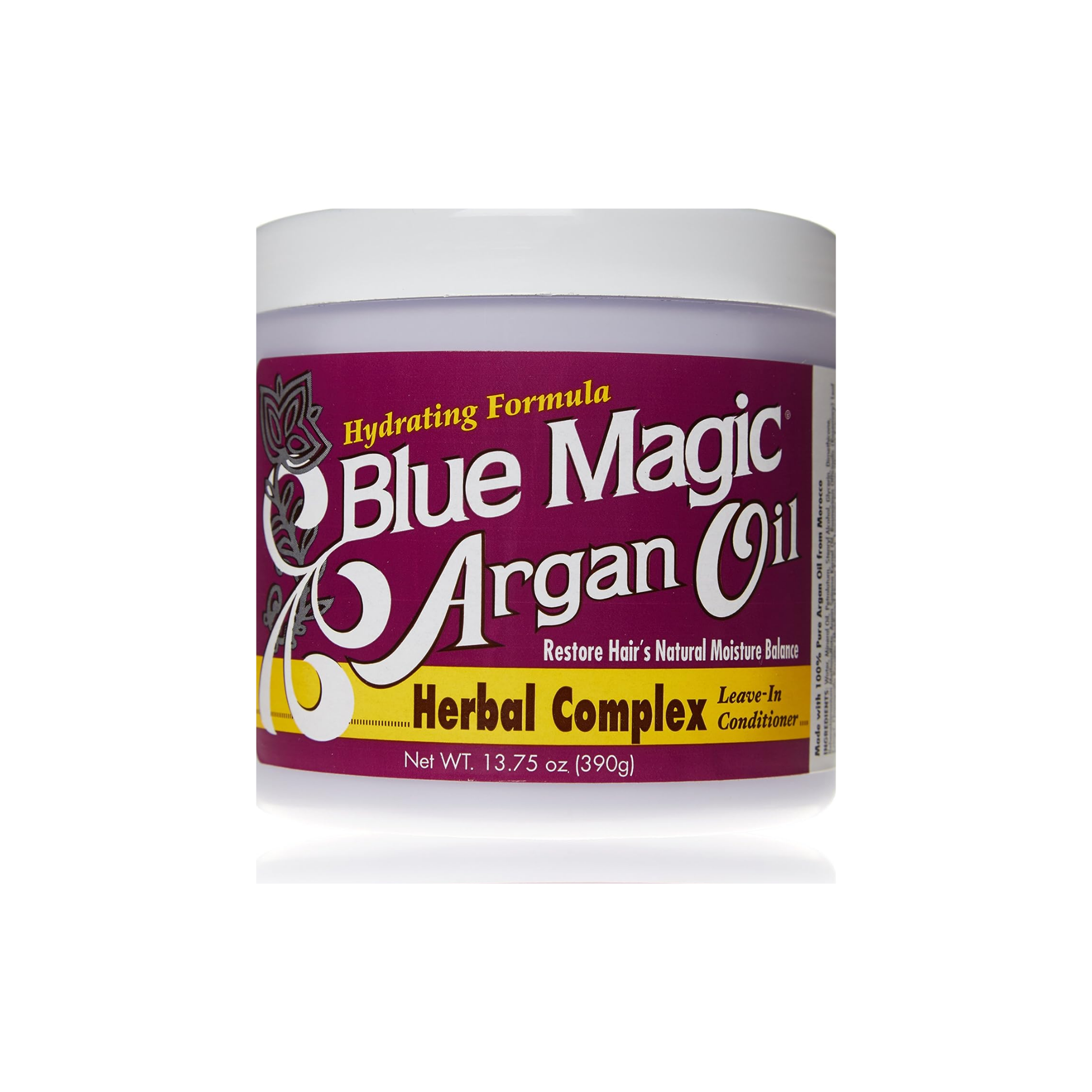 Jar of Blue Magic Argan Oil Herbal Complex Leave-In Conditioner on a white background