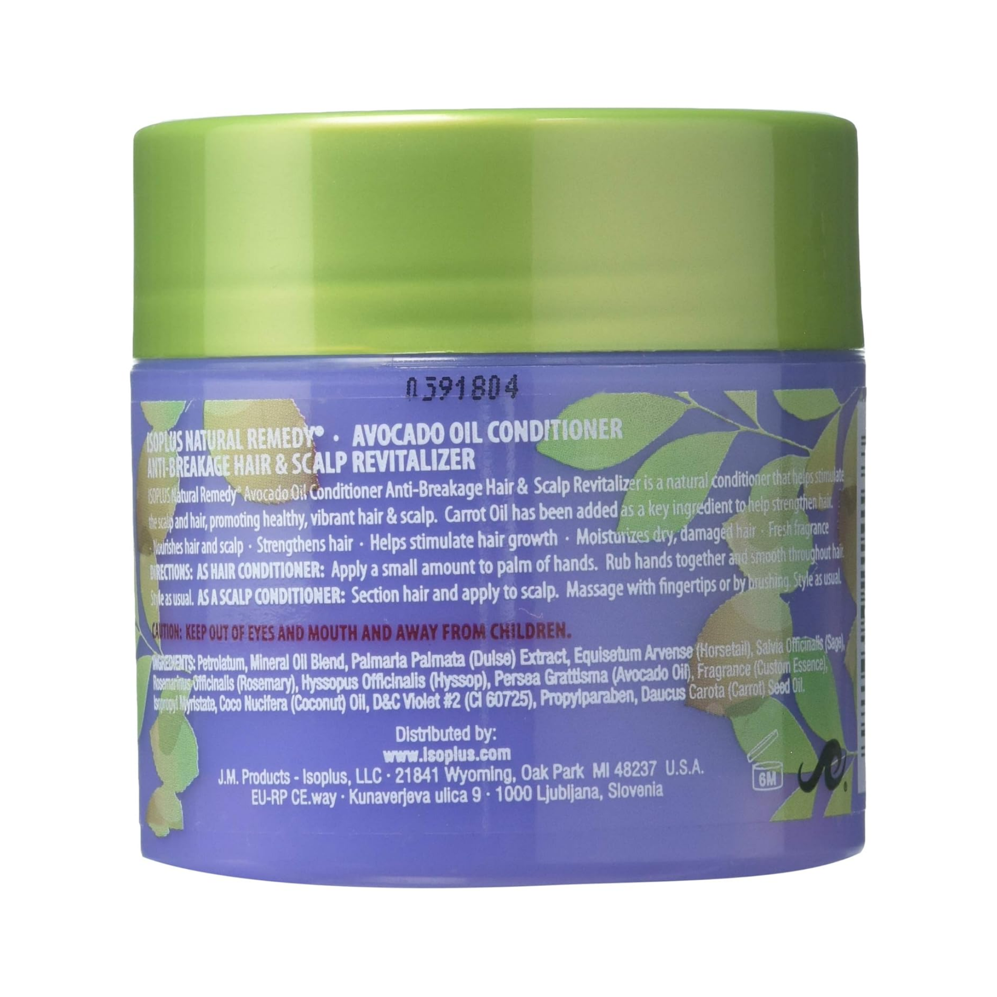 Purple and green jar of avocado oil conditioner for hair and scalp revitalization.