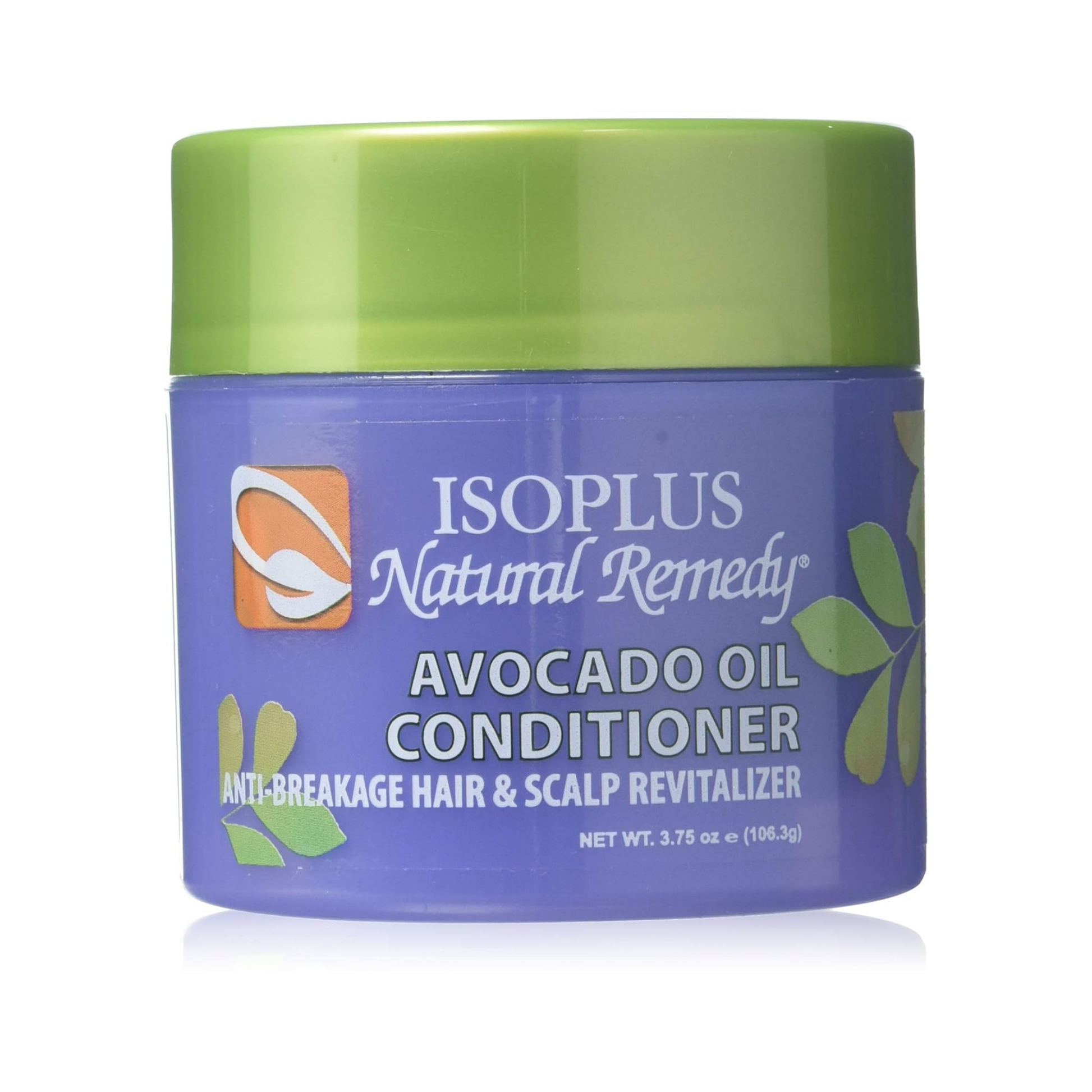 Purple and green jar of avocado oil conditioner for hair and scalp revitalization.