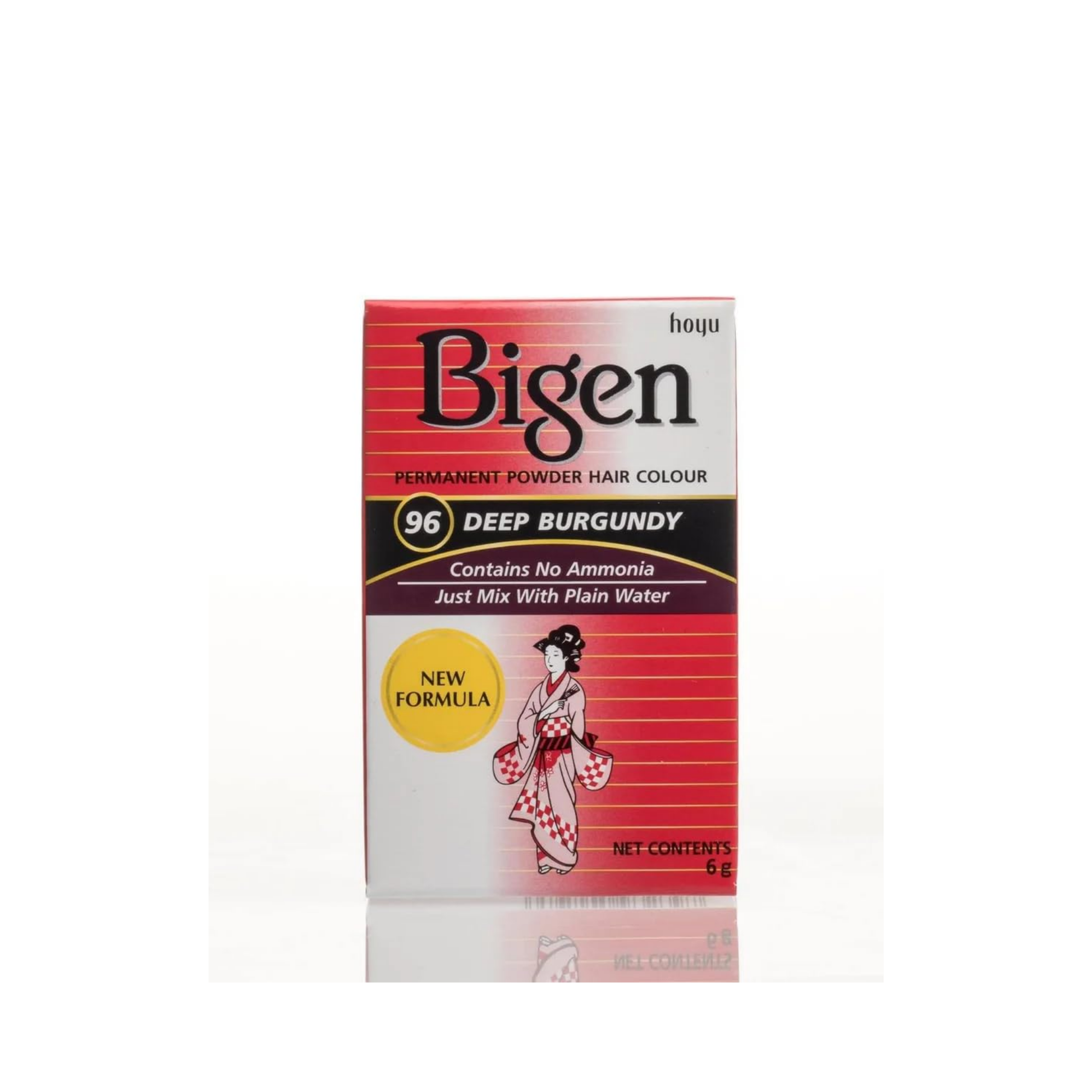 Bigen Permanent Powder Hair Color Deep Burgundy 96 – ammonia-free, water-activated hair dye for 100% gray coverage and silky, shiny results.