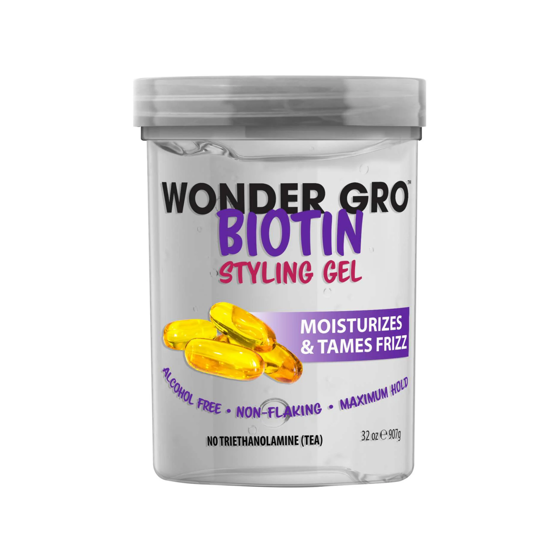 Large 32 oz jar of biotin styling gel for strong hold, frizz control, and alcohol-free, oil-free styling