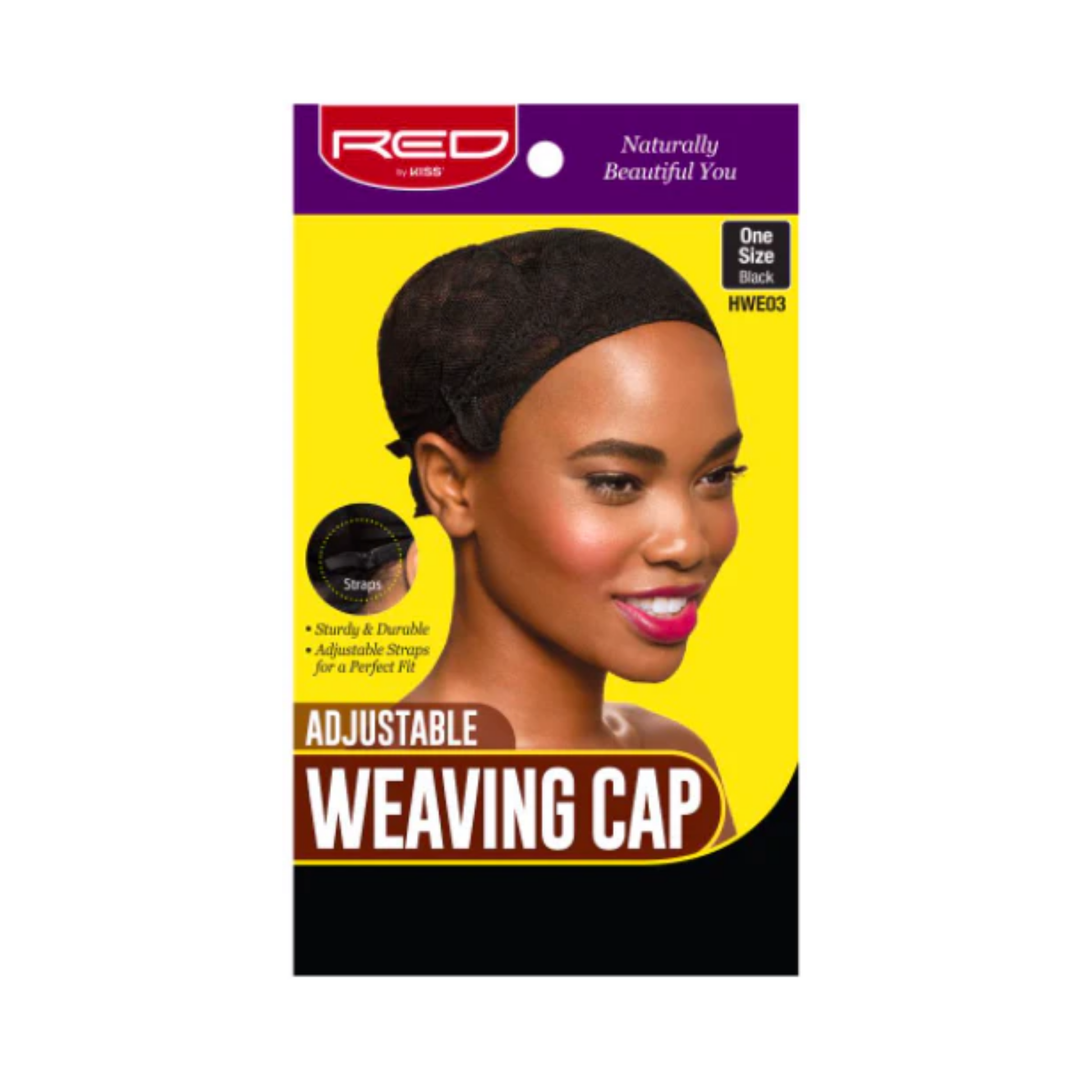  A black adjustable weaving cap with straps for a secure wig and weave foundation.