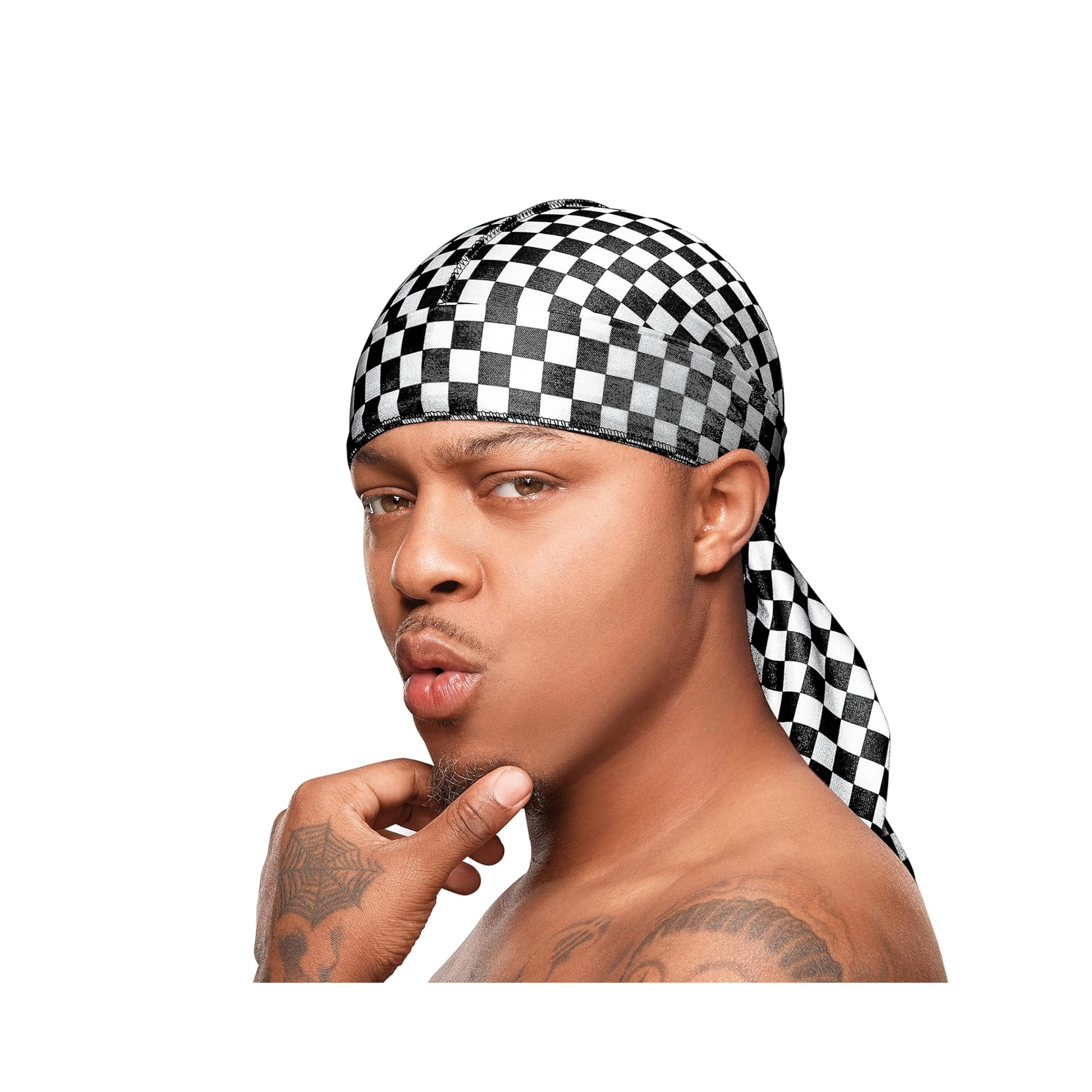  Black checker silky durag for men designed by bow wow and red by kiss, offering ultimate compression for 360 waves.