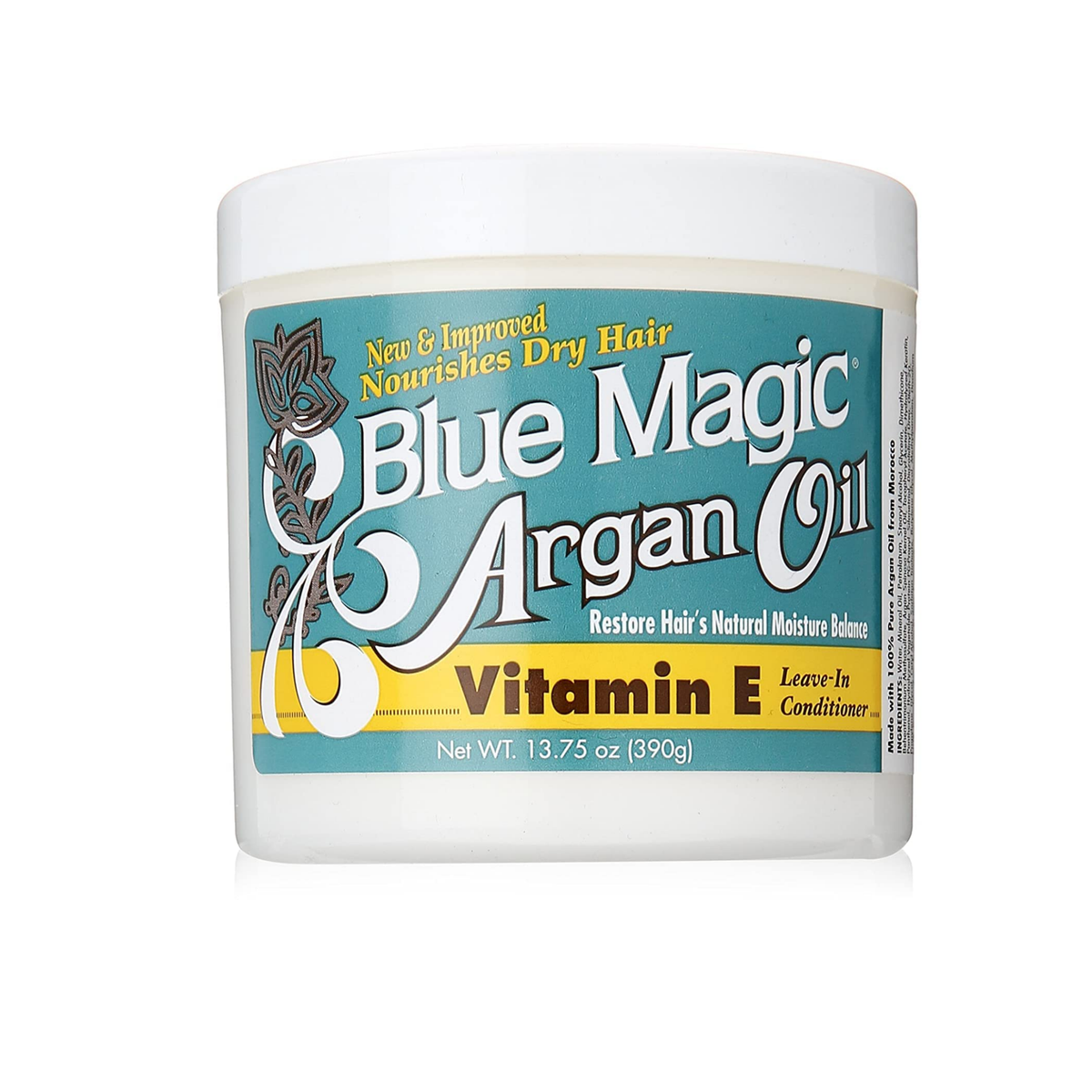 Blue Magic Argan Oil & Vitamin E leave-in conditioner in 13.75oz blue and white jar.