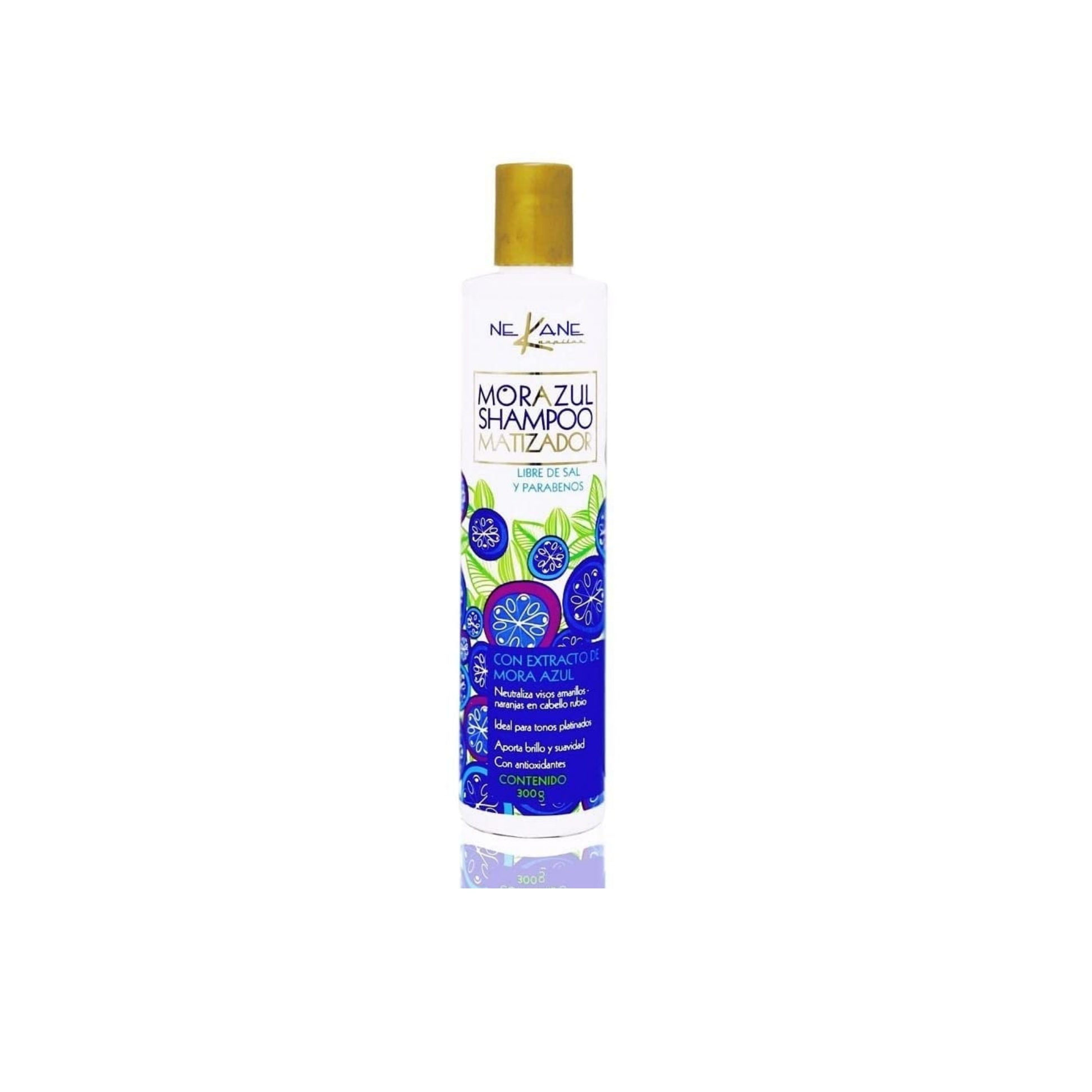 A bottle of blue toning shampoo that neutralizes brassiness in blonde and gray hair with blueberry extract.