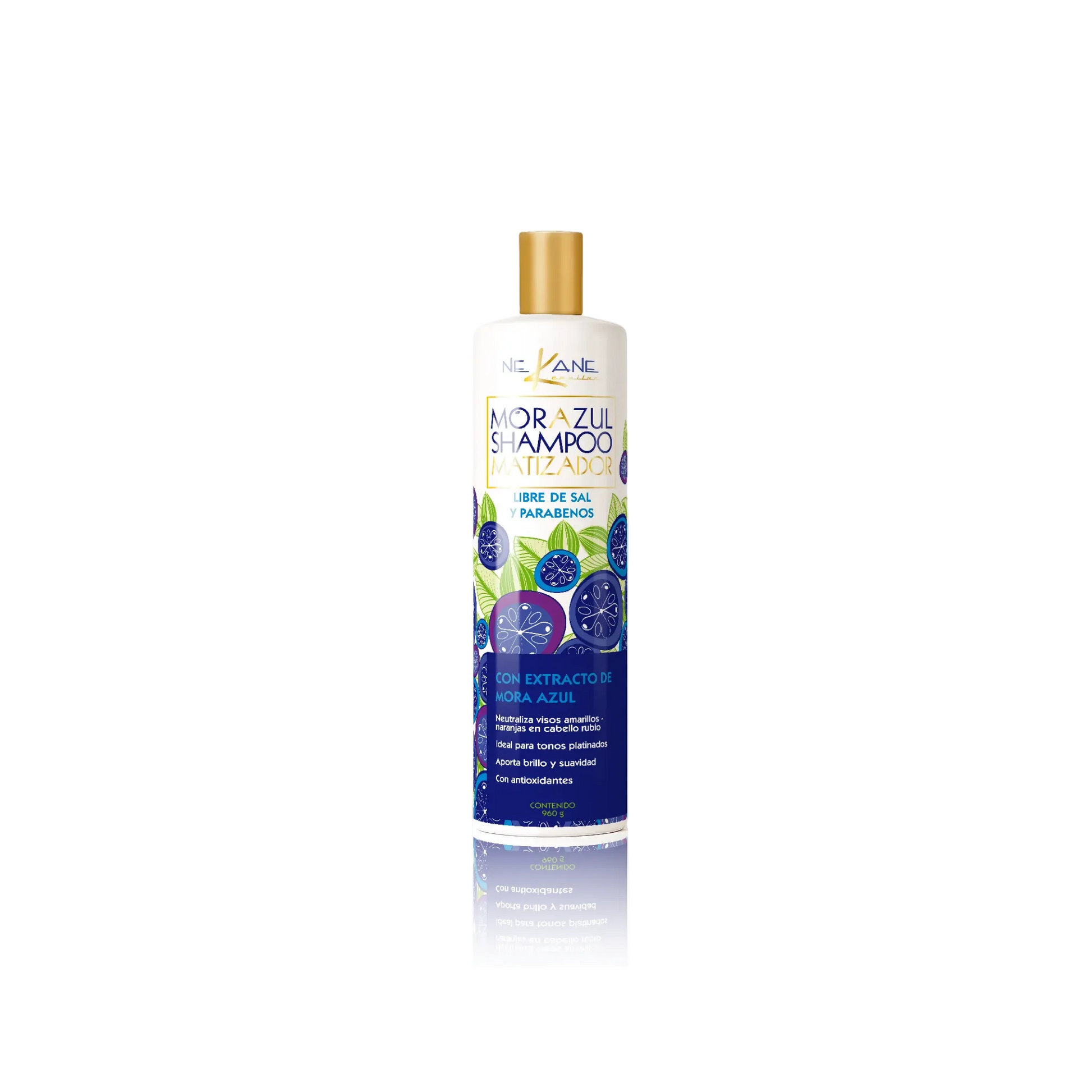  A bottle of blue toning shampoo that neutralizes brassiness in blonde and gray hair with blueberry extract.