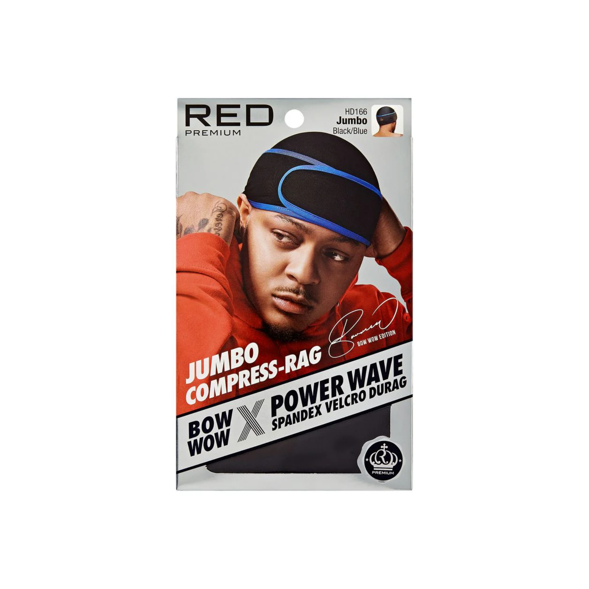 Bow Wow Power Wave Compress Durag in Black with Blue accents, jumbo size, product packaging.