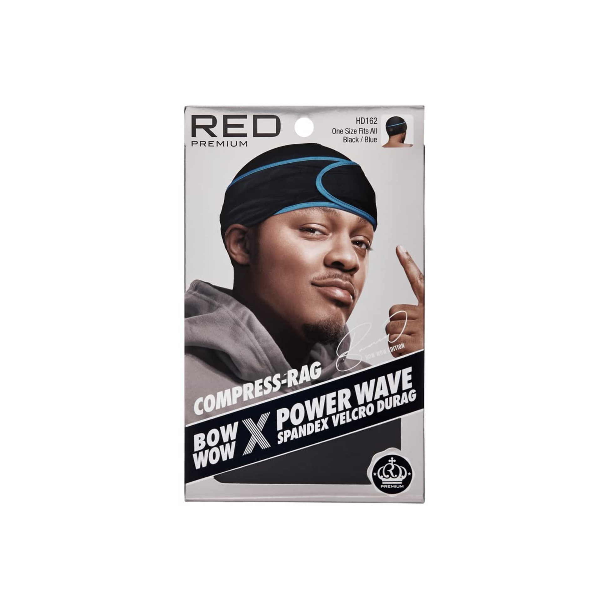 Bow Wow Power Wave Compress Durag in Black with Blue accents, standard size, product packaging.
