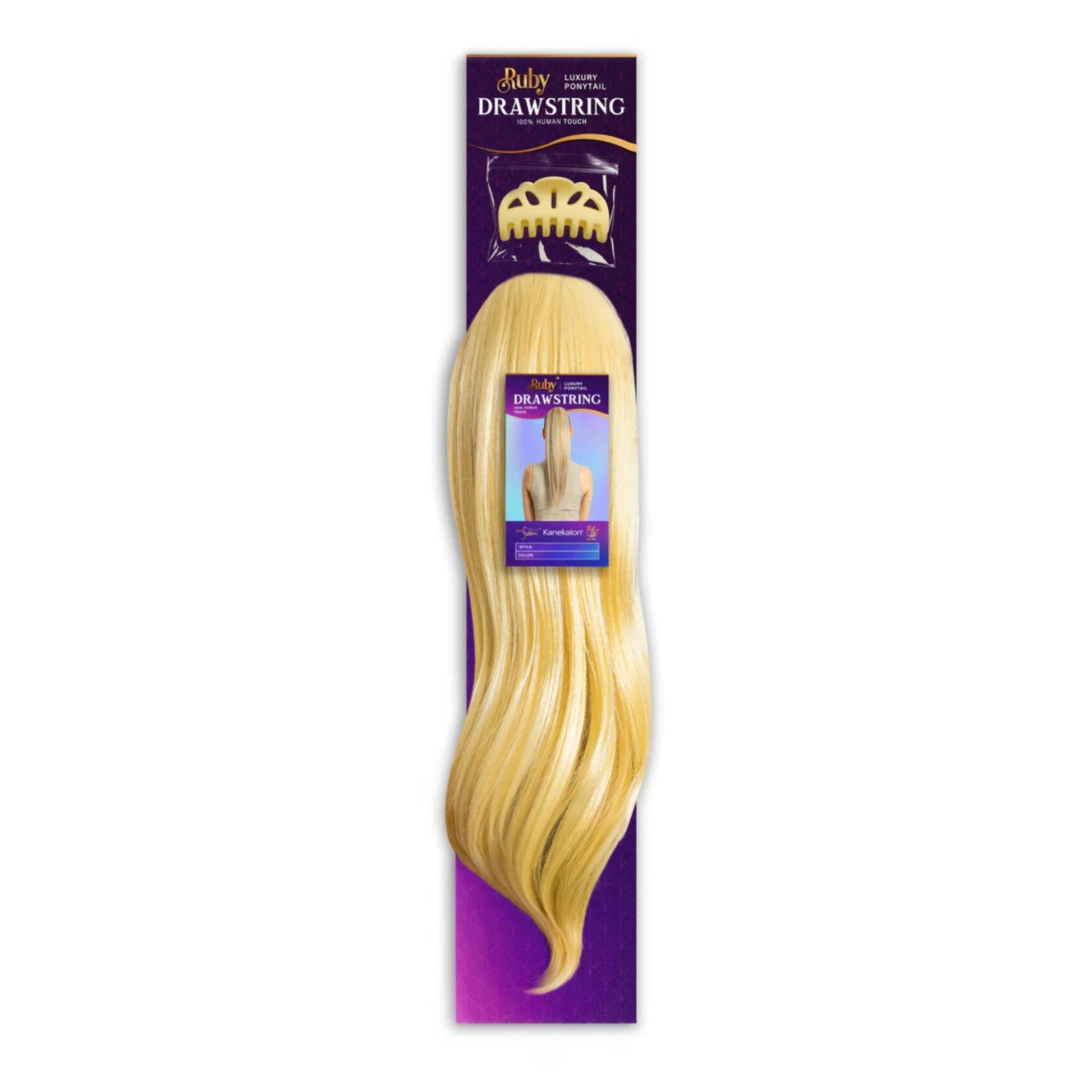 Blonde hair extensions with purple packaging on a white background