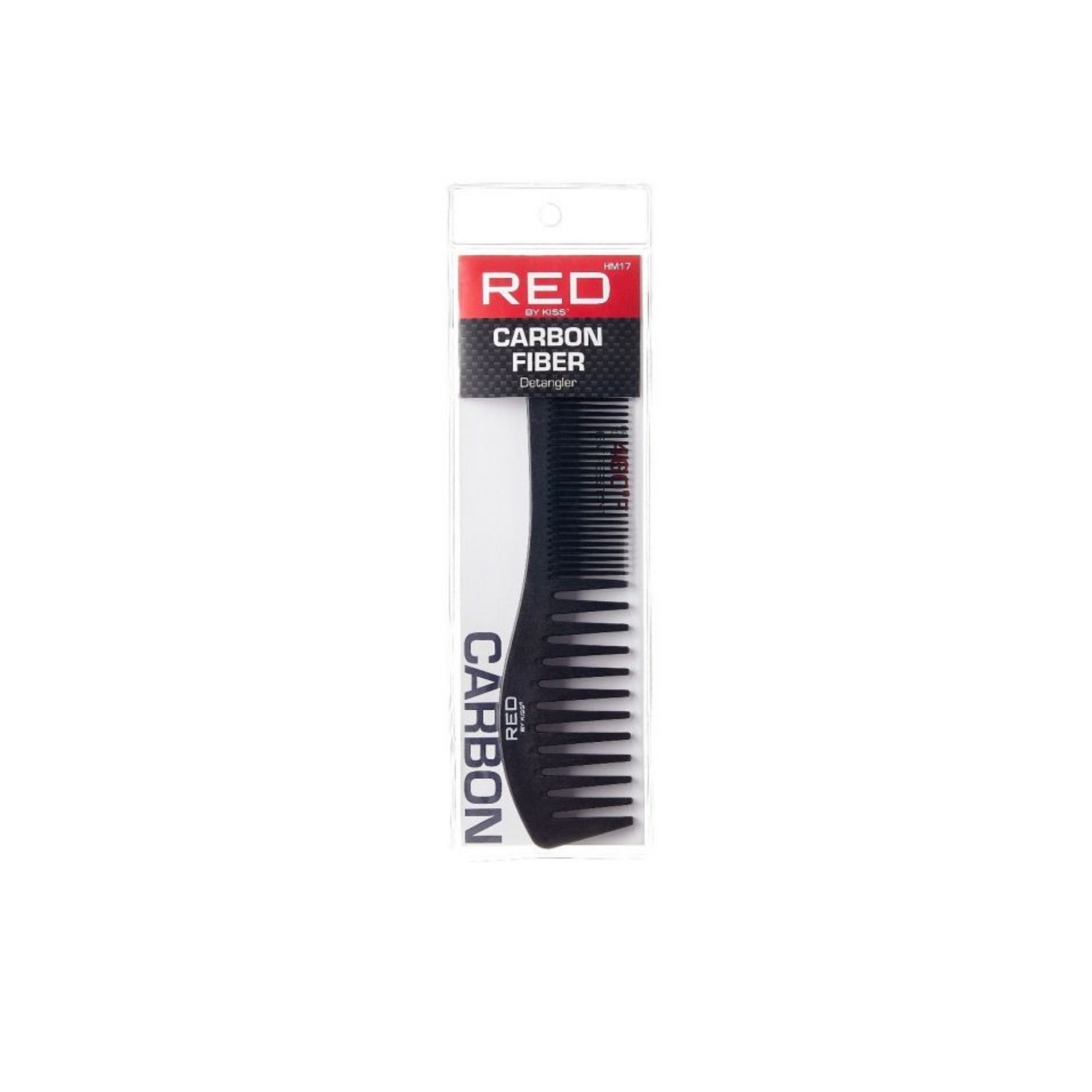 Carbon fiber detangler comb with wide and fine teeth for anti-frizz, anti-static hair styling.