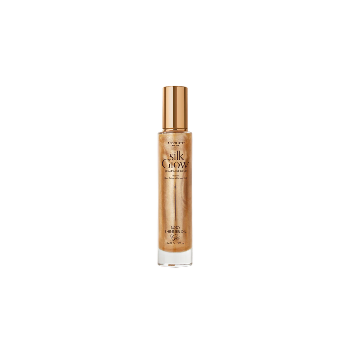Champagne gold body shimmer oil gel with pumpkin spice scent for a warm luminous glow