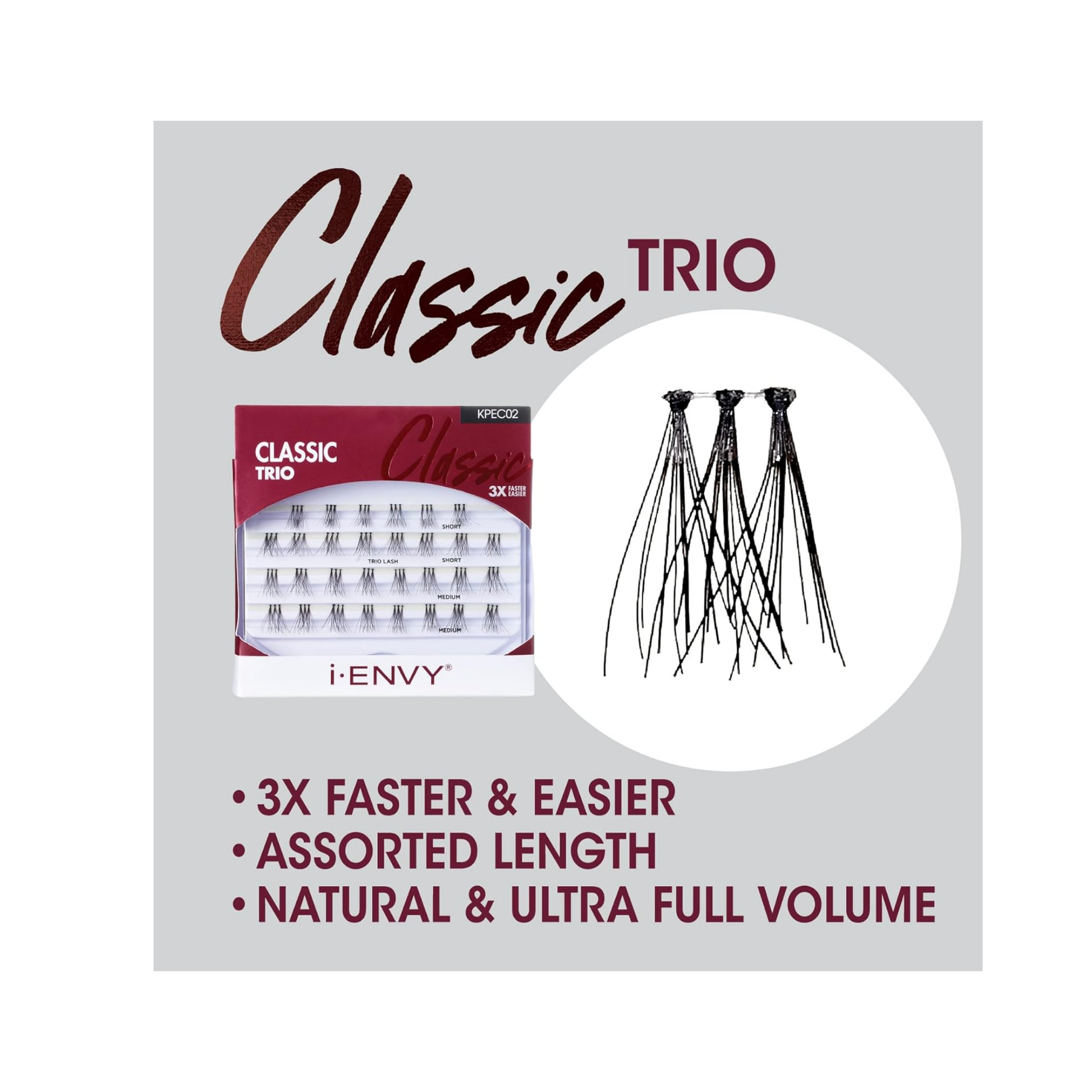 Classic trio lash clusters pack with short and medium lengths for quick, natural volume and easy application.