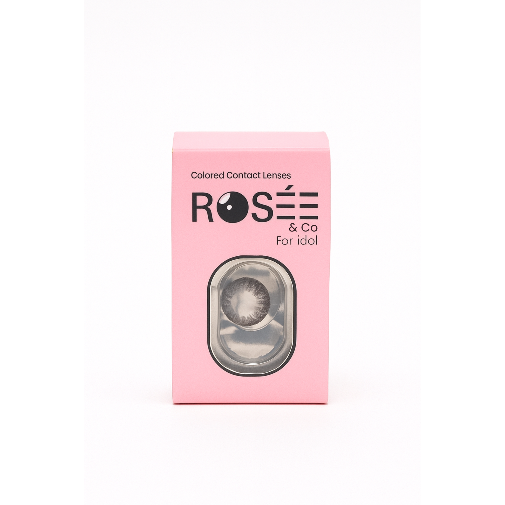 Pink packaging of Rosé & Co colored contact lenses on a white background