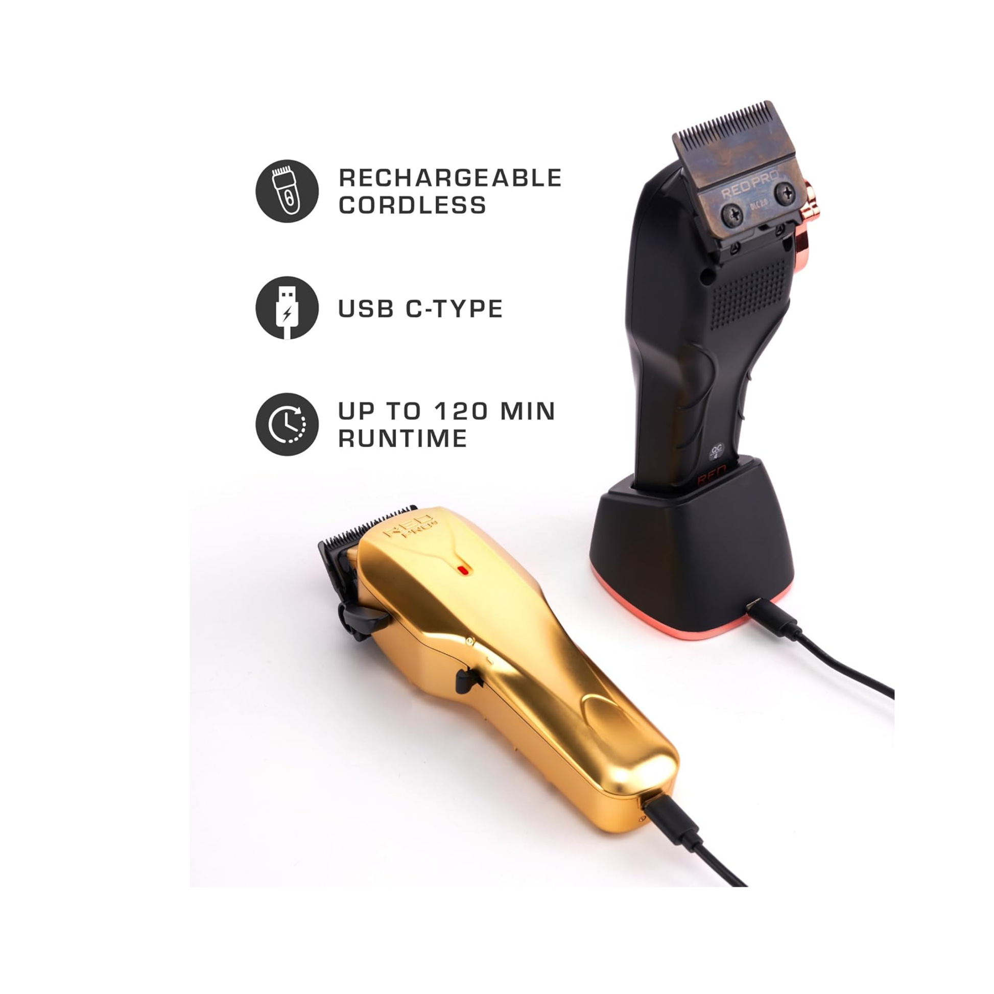 Cordless metal hair clipper in matte gold with DLC blades and USB-C charging for professional and home grooming.