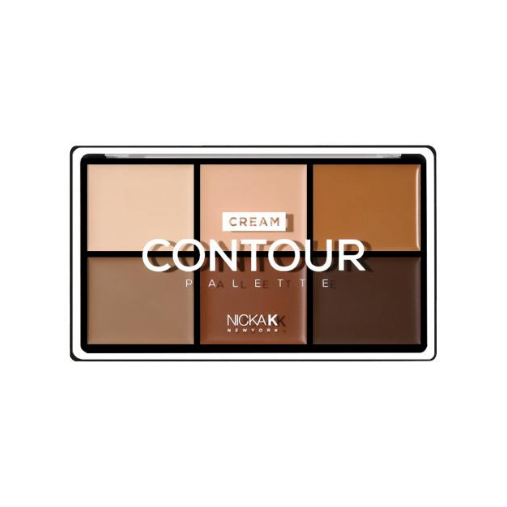 cream contour palette with six blendable shades for sculpting and highlighting, lightweight buildable formula