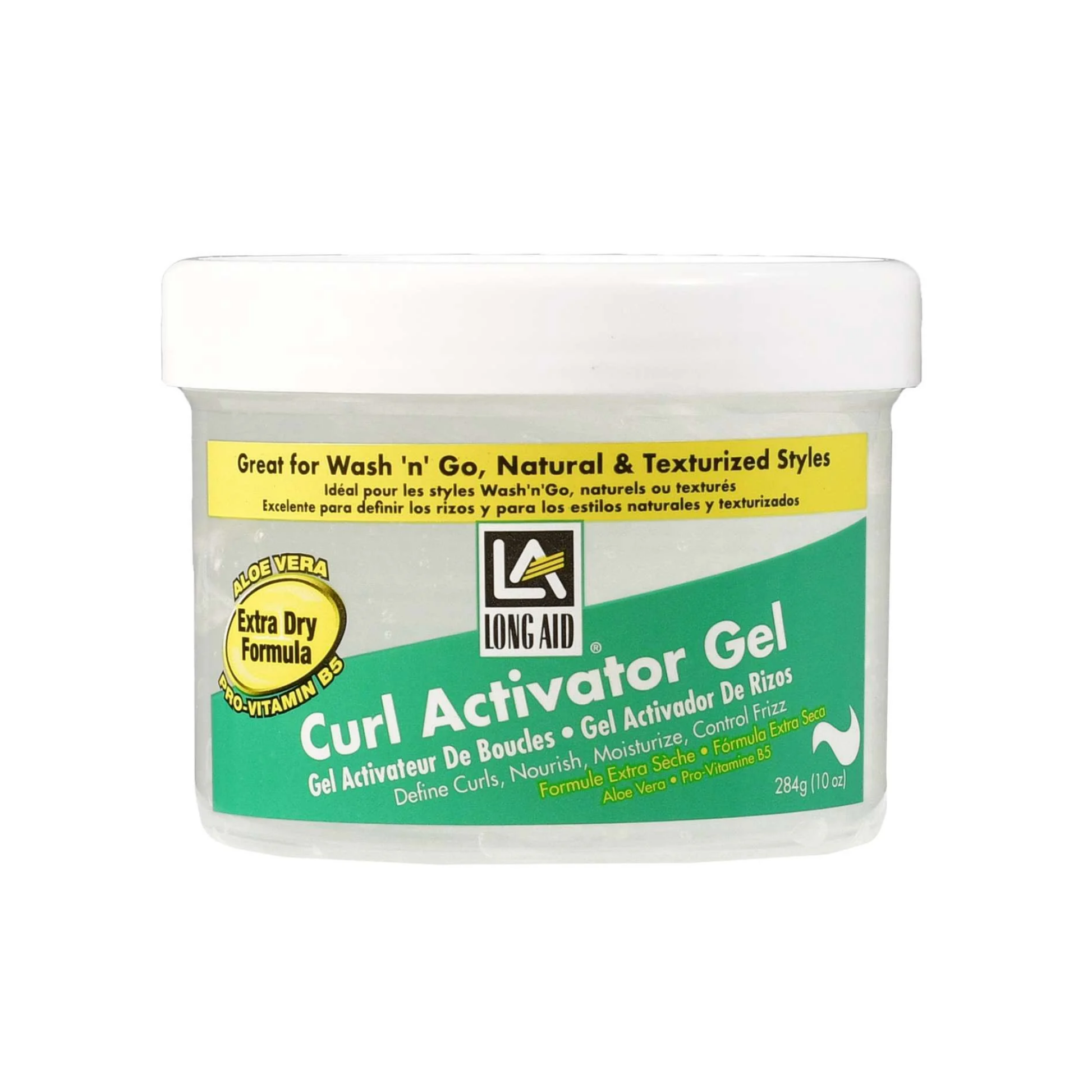 Extra dry curl activator gel with aloe vera and pro-vitamin B5 in 10 oz jar for defining curls, controlling frizz, and restoring moisture