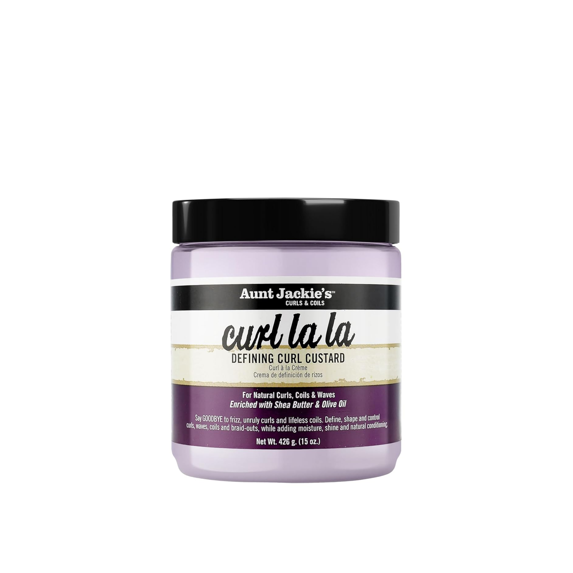 Purple jar of curl defining custard for curls, coils, and waves, enriched with shea butter and olive oil