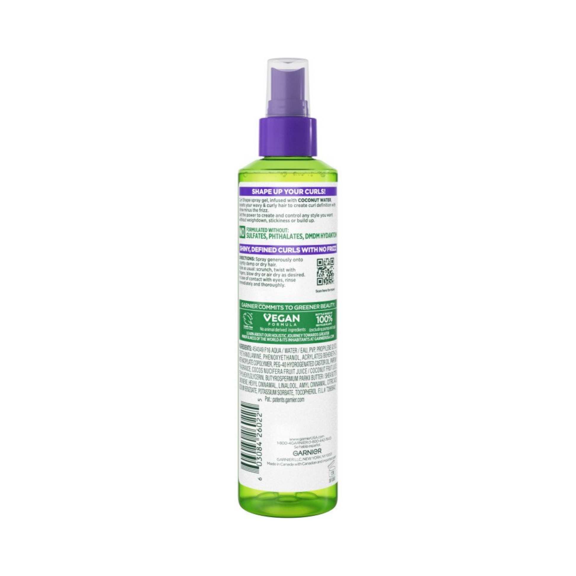 Curl-defining spray gel with strong hold and coconut water, 8.5 fl oz, for wavy and curly hair.