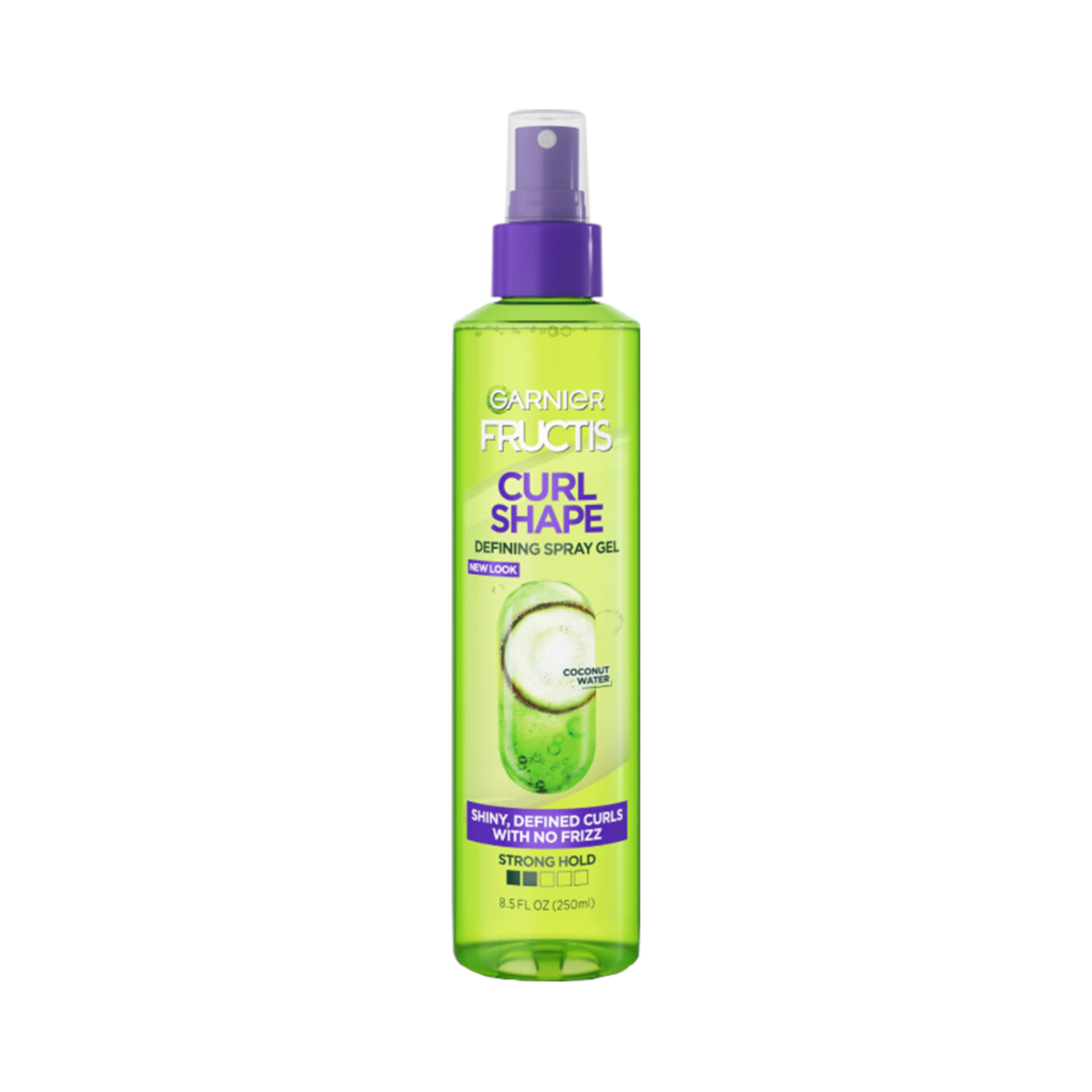 Curl-defining spray gel with strong hold and coconut water, 8.5 fl oz, for wavy and curly hair.