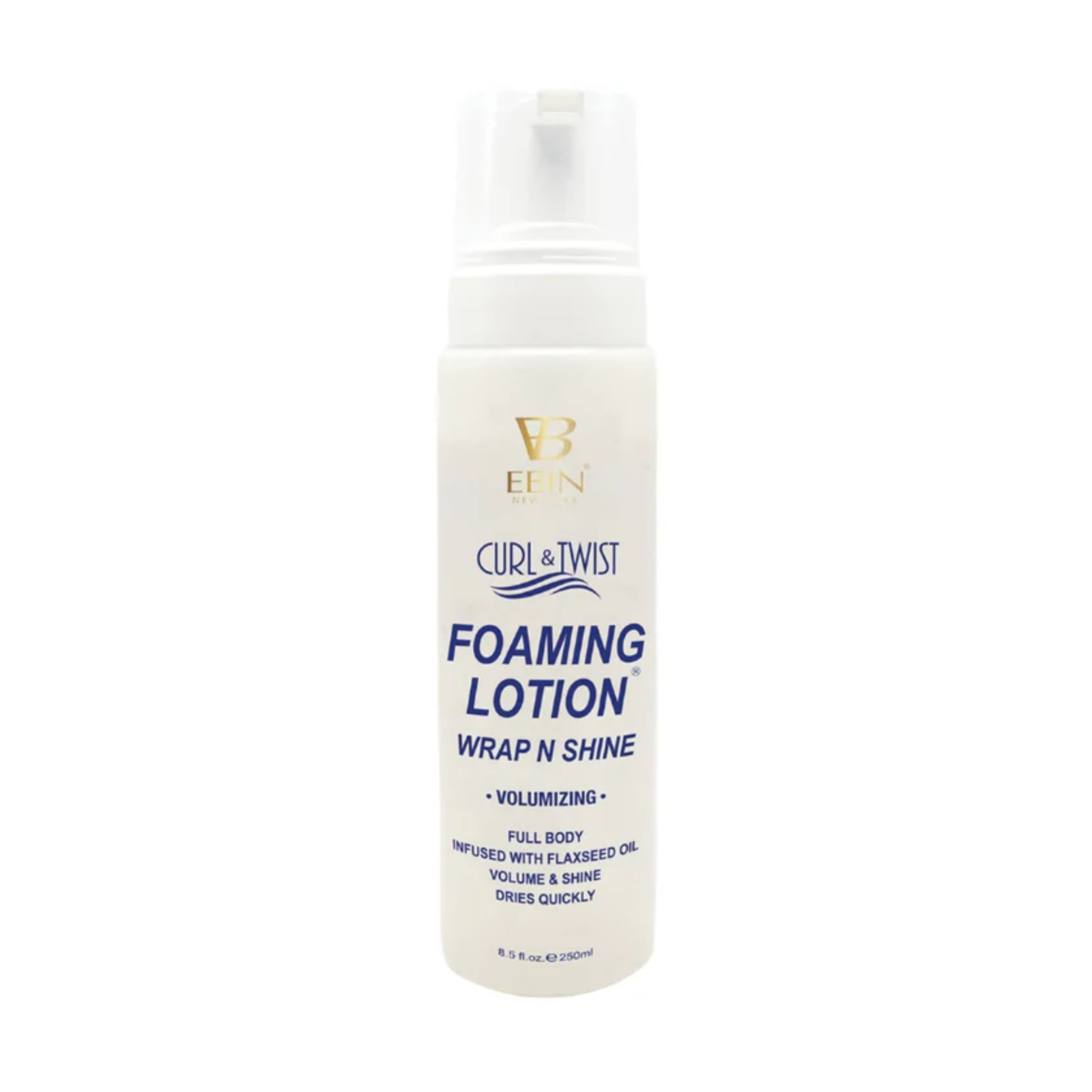 Curl & Twist Foaming Lotion, volumizing wrap and shine bottle on white background
