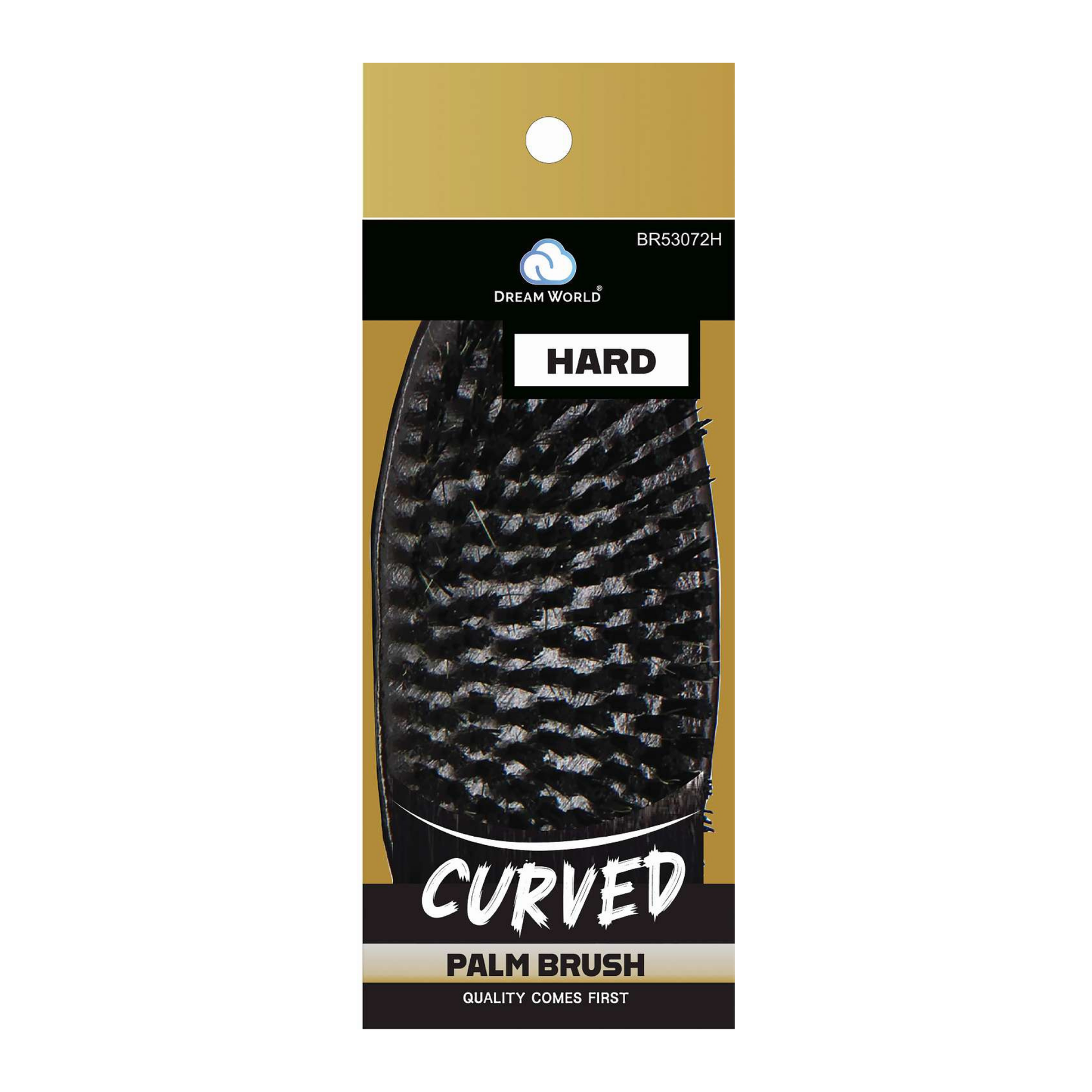 Packaged curved palm brush with gold and black design on a white background