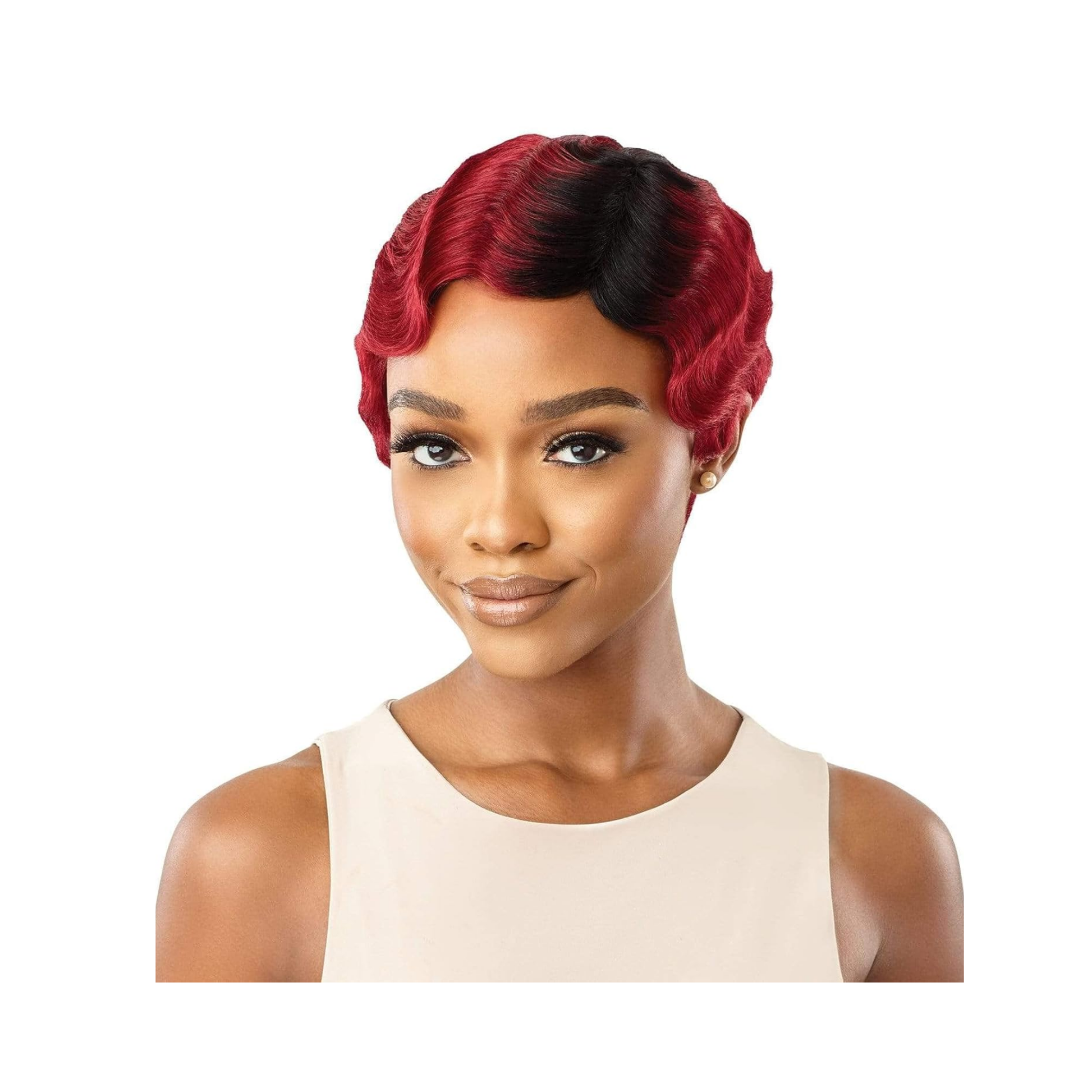 Burgundy short finger wave full wig with sculpted waves and natural finish