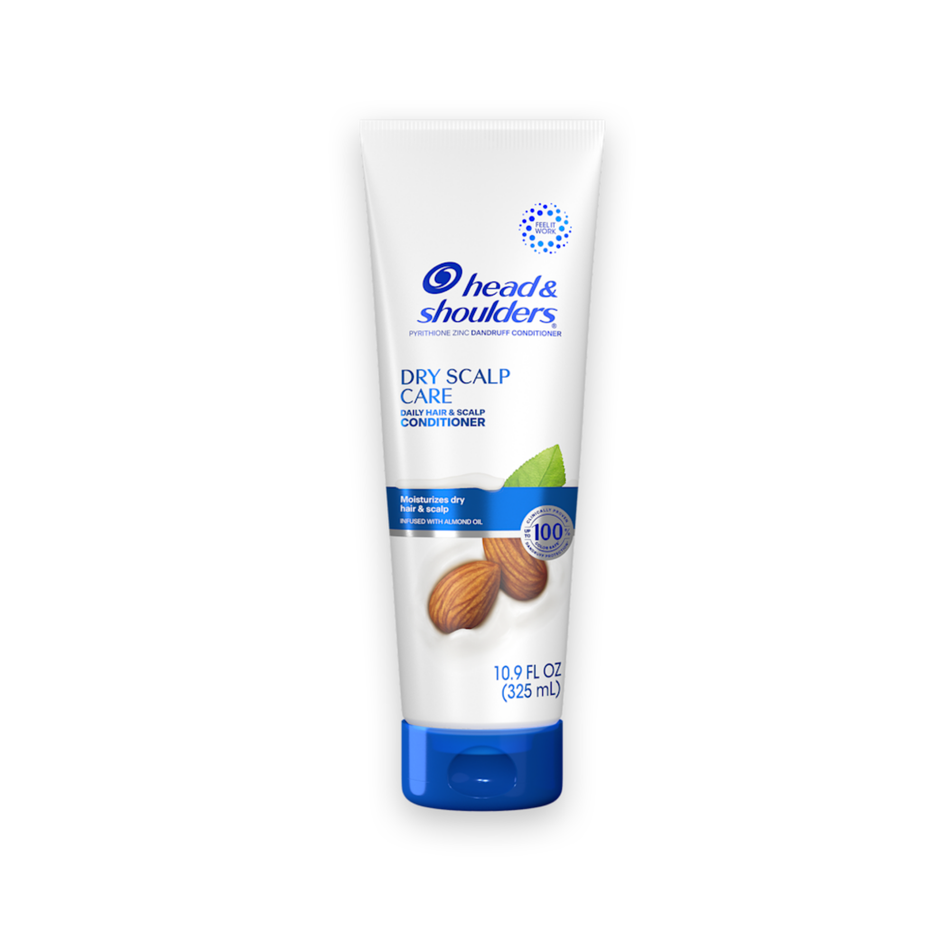 White and blue bottle of daily-use anti-dandruff conditioner with almond oil, paraben-free.
