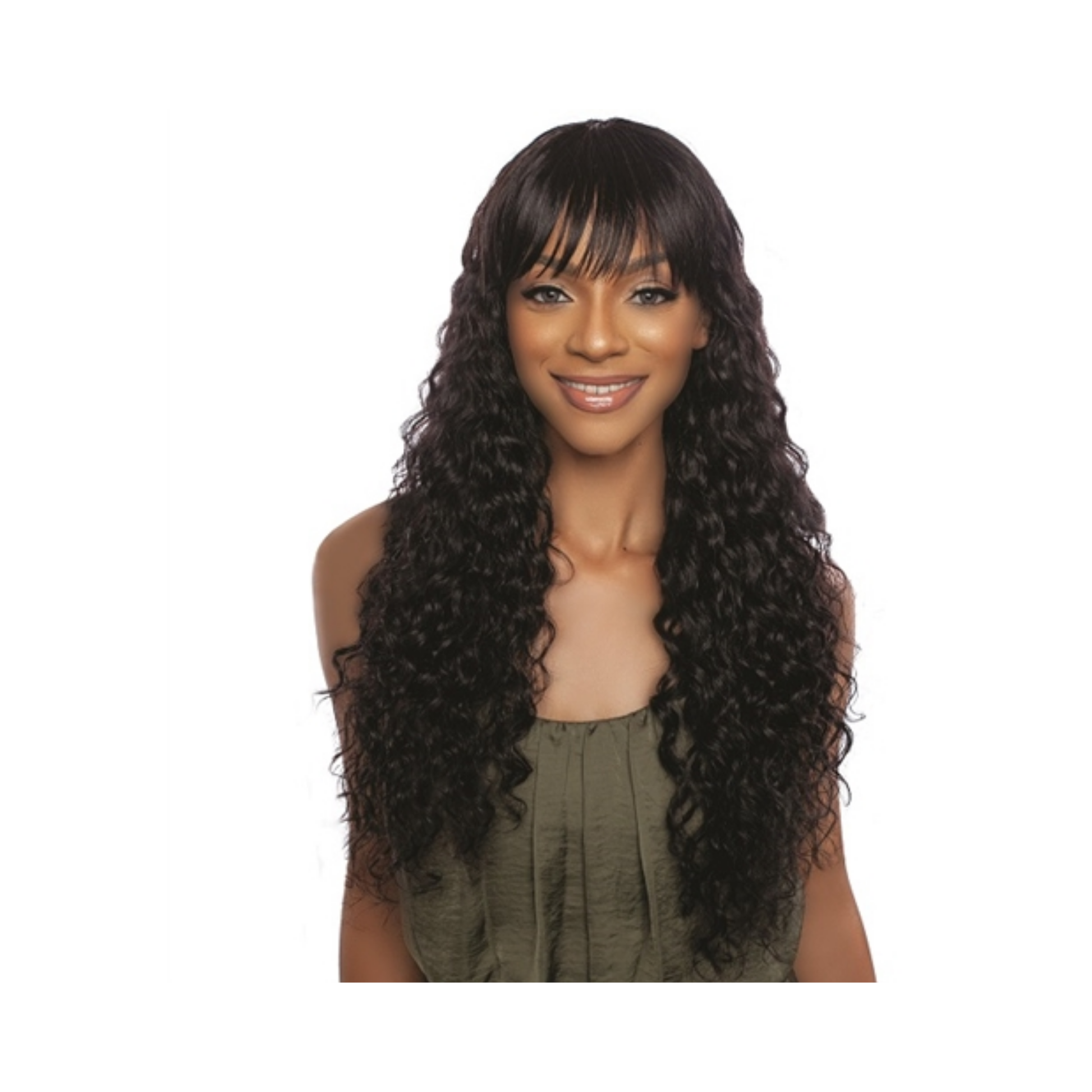 Natural black deep curl full bang wig, 28-inch unprocessed human hair