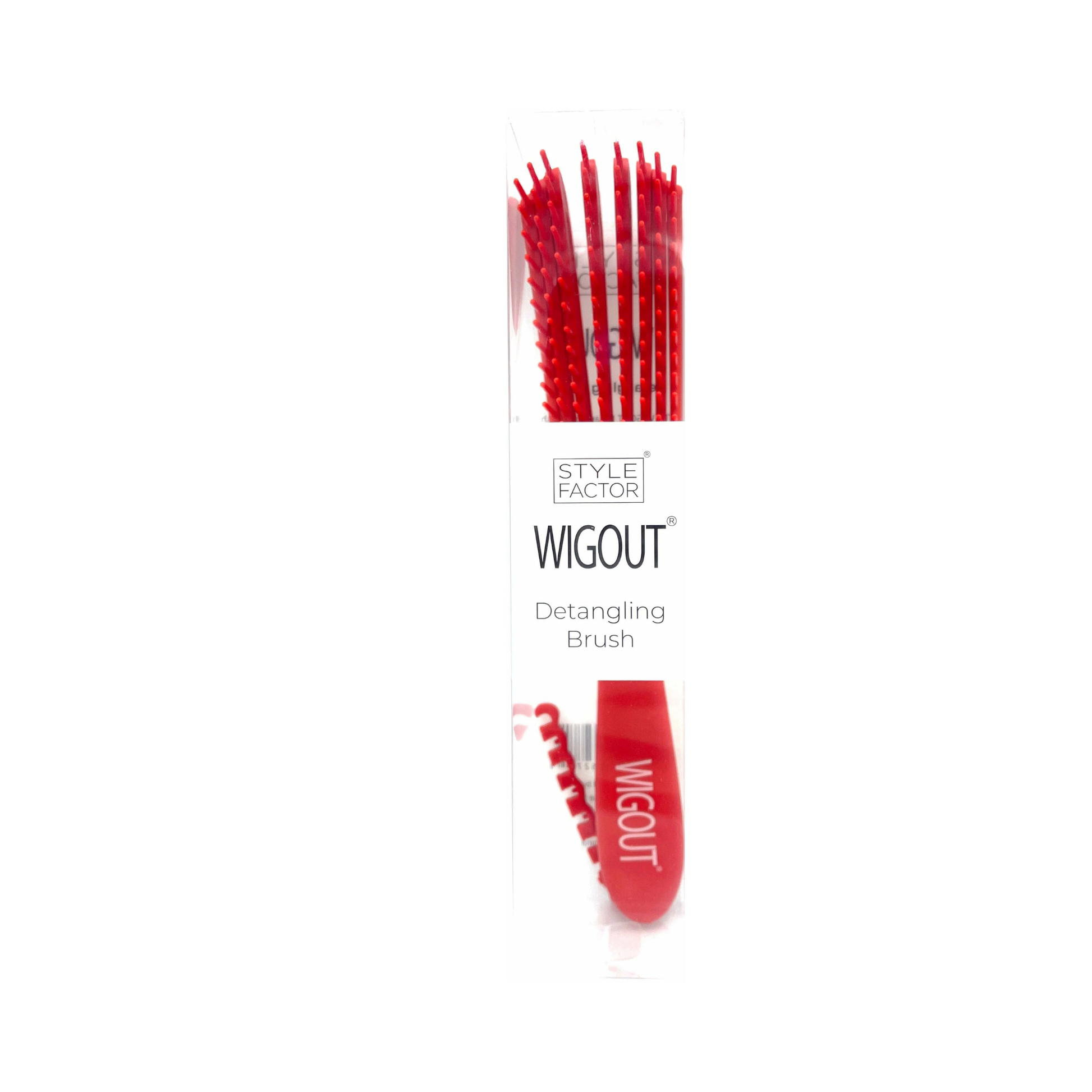 Red detangling brush with curved bristle rows for smooth detangling of thick or curly hair.
