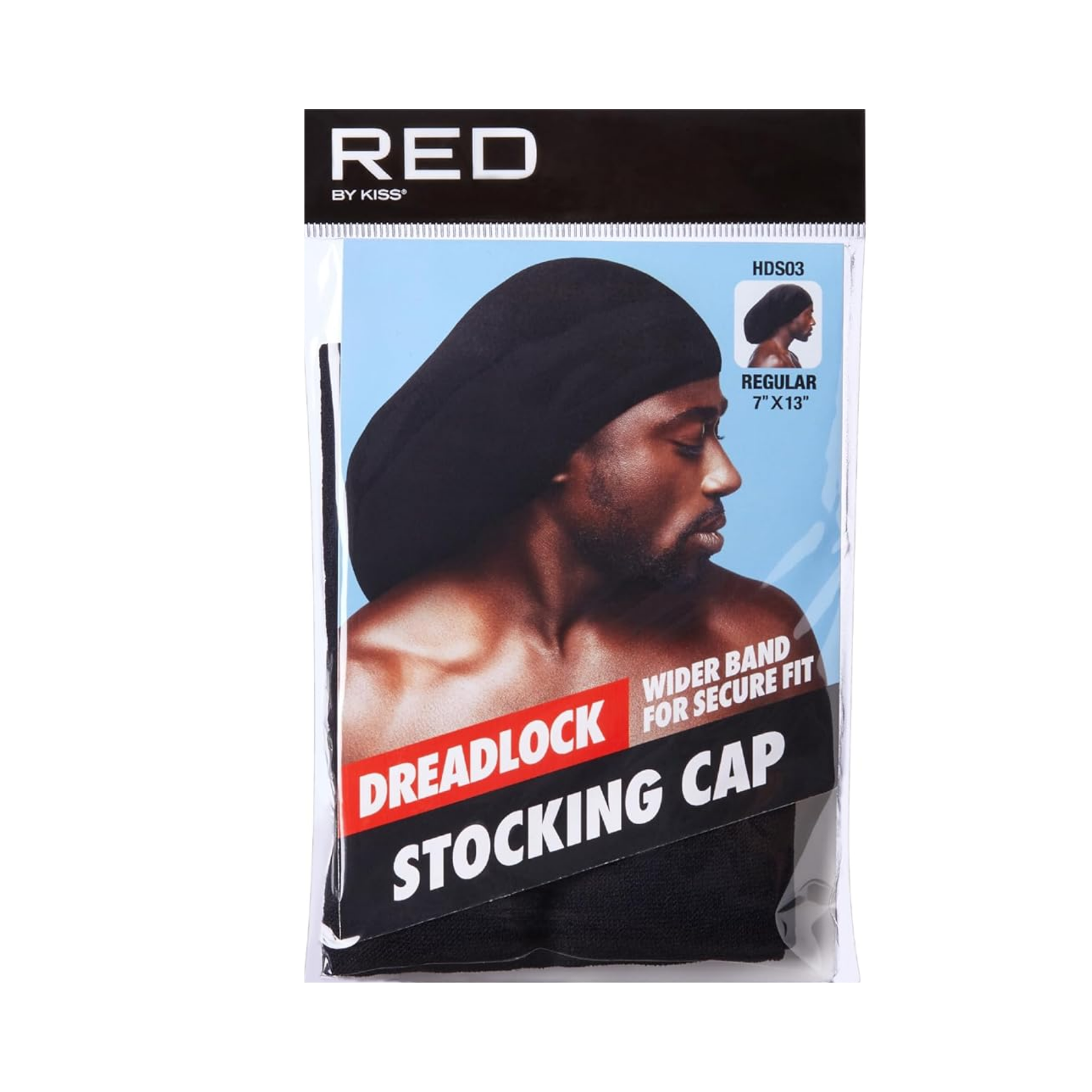 Regular size black dreadlock stocking cap with wide secure band for locs