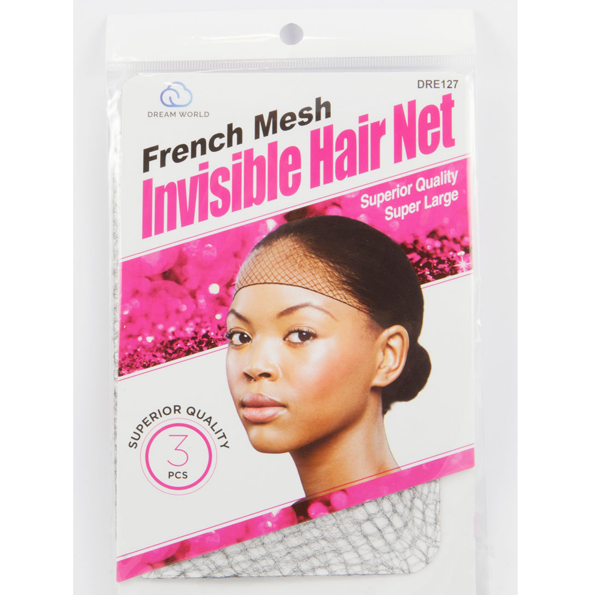 Dream World French Mesh Invisible Hair Net DRE127 pack, 3 pcs, model with sleek bun