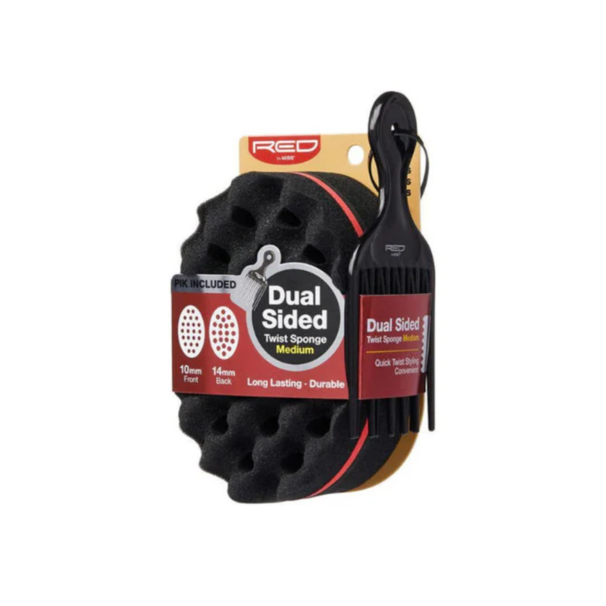 Medium dual-sided twist sponge with 10 mm and 14 mm holes and included hair pik