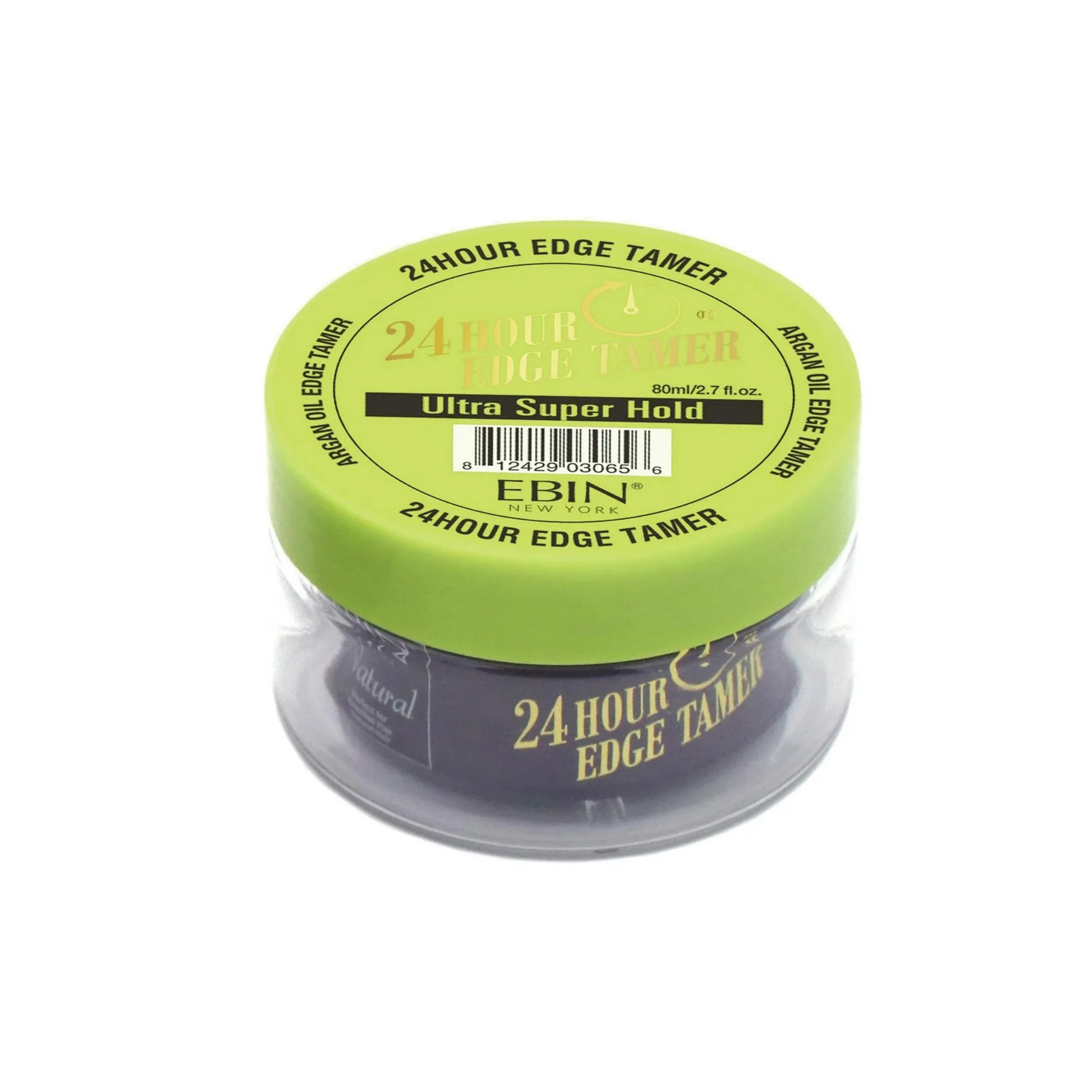 A round container of Ebin New York 24 Hour Edge Tamer with a green lid labeled “Argan Oil Ultra Super Hold.” The clear bottom shows the dark gel inside, designed for long-lasting edge control and smooth styling.