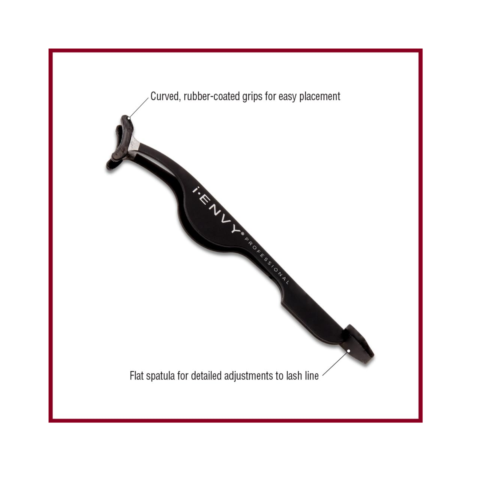 Black easy-grip lash applicator tweezers with silicone tip and flat spatula for strip or cluster lashes.