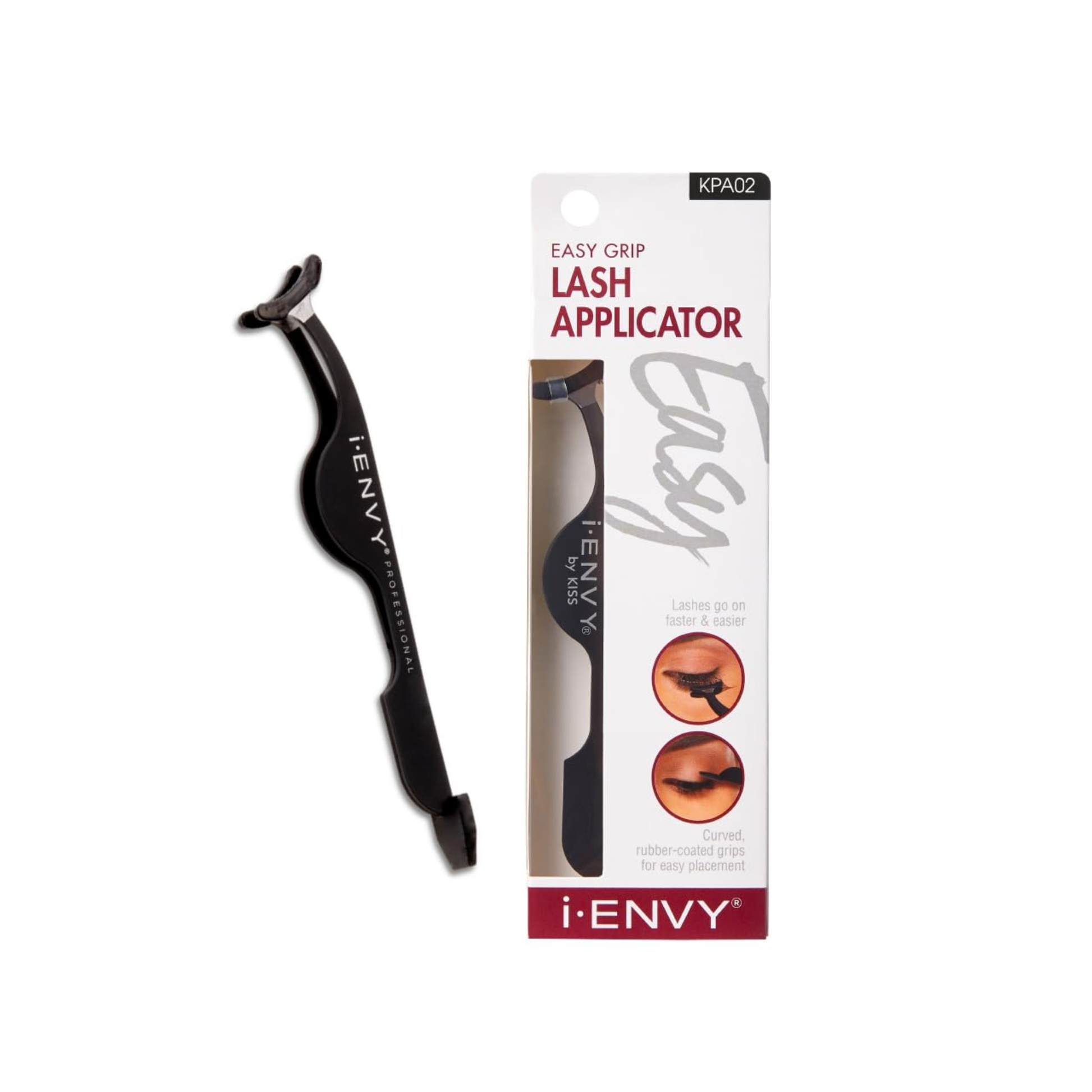 Black easy-grip lash applicator tweezers with silicone tip and flat spatula for strip or cluster lashes.