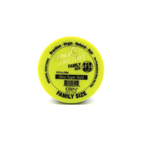 A round container of Ebin New York 24 Hour Edge Tamer with a green lid labeled “Argan Oil Ultra Super Hold.” The clear bottom shows the dark gel inside, designed for long-lasting edge control and smooth styling.