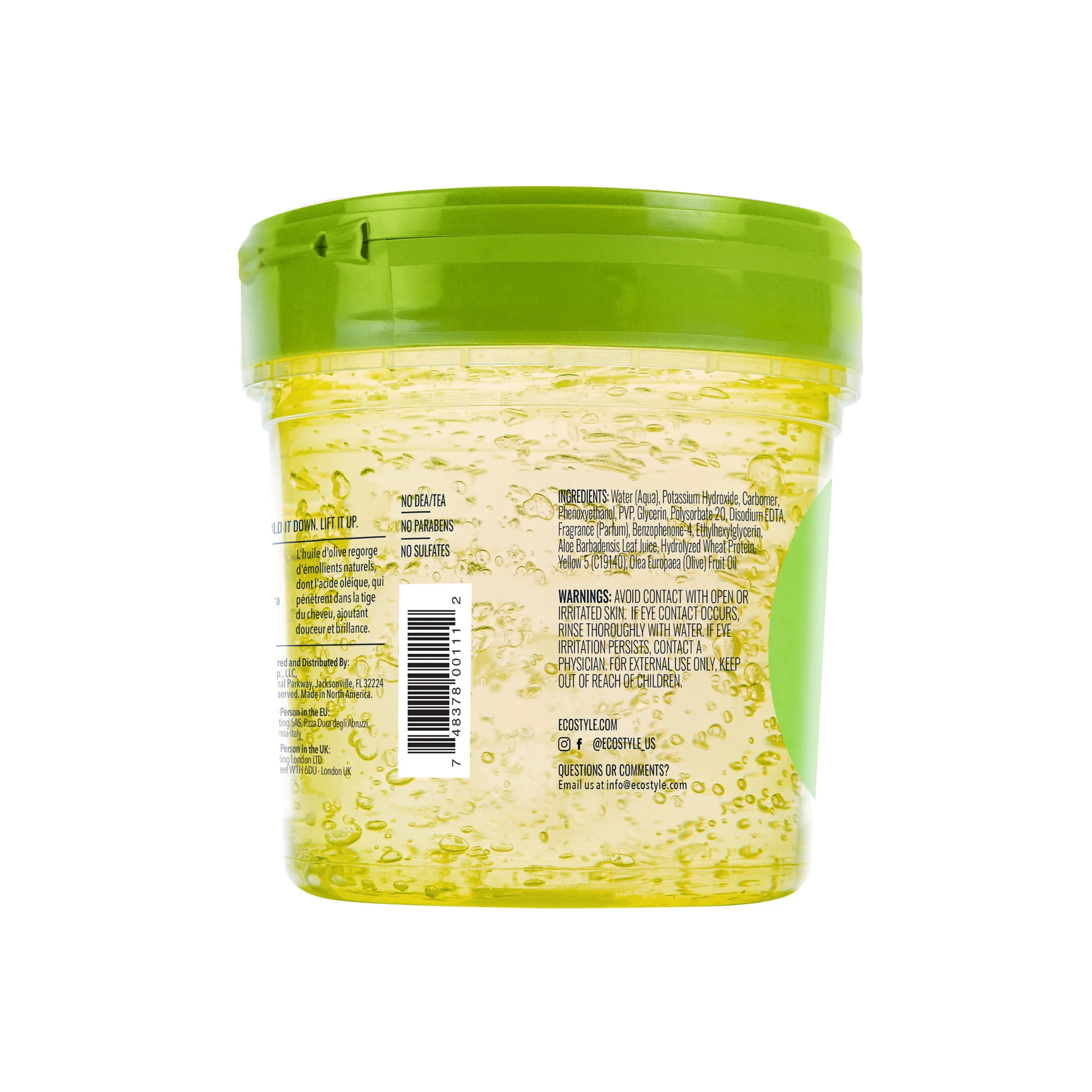 Eco Style Olive Oil Styling Gel 16 oz jar with green lid, back label “Max Hold