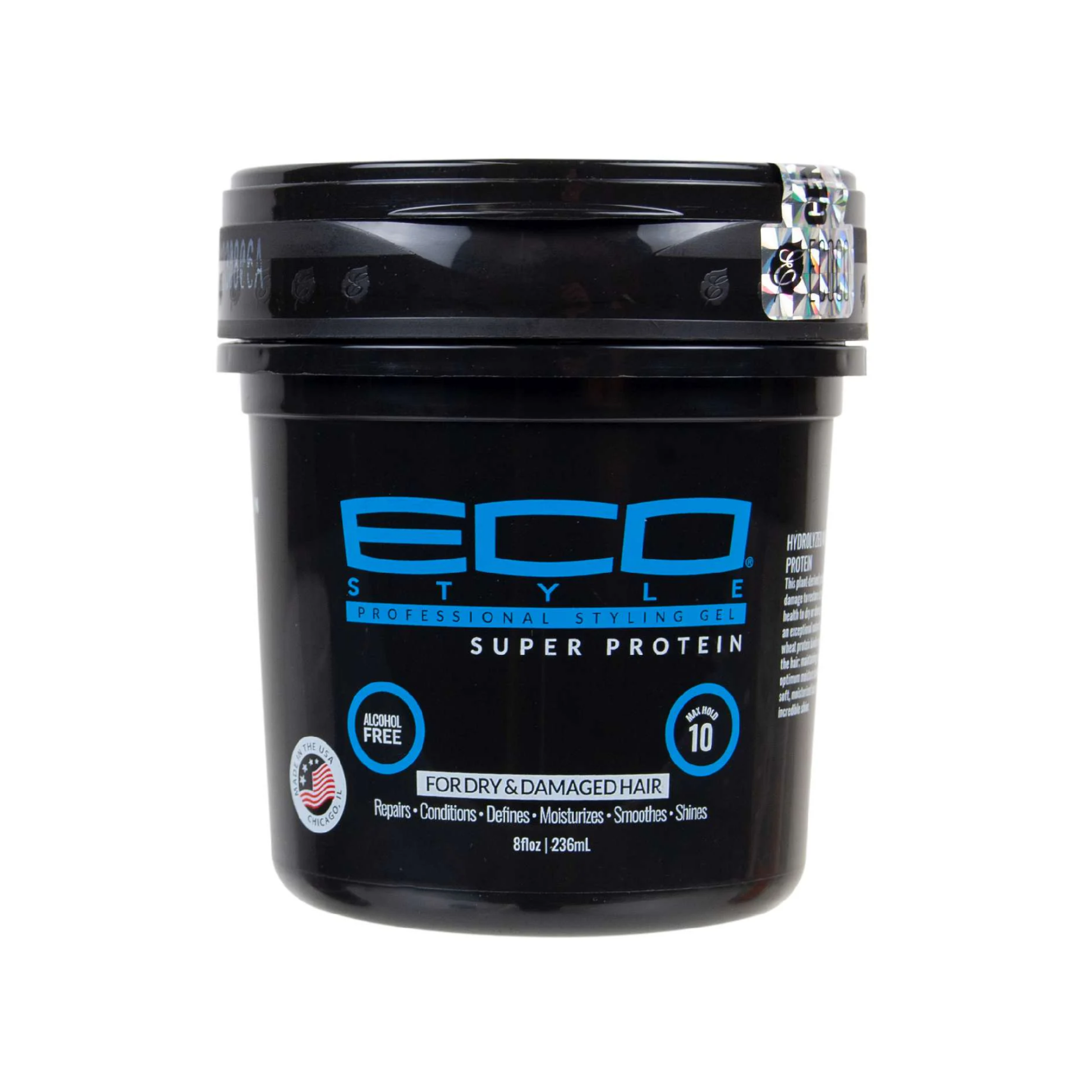 Black 8 oz jar labeled “Eco Style Super Protein Gel,” styling gel enriched with wheat protein for strong hold, shine, and repair for dry or damaged hair.