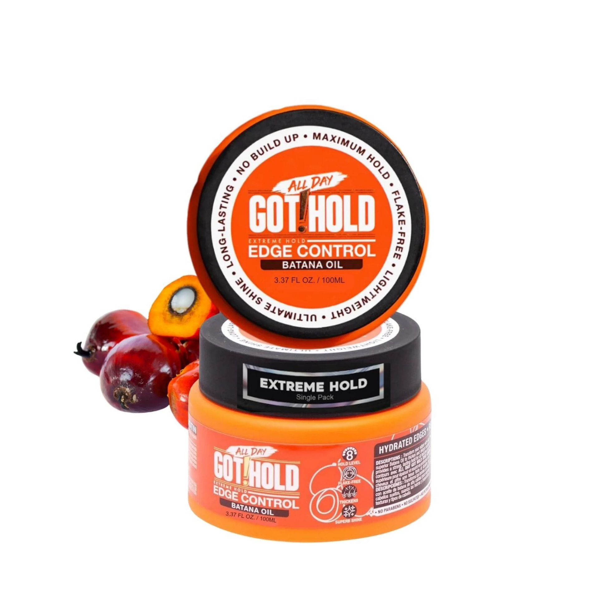 3.37 oz extreme hold edge control jar with batana oil, designed for long-lasting sleek styles and flake-free shine